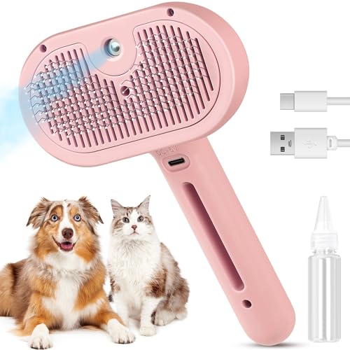 3 in 1 Cat Steam Brush, Pet Spray Hair Removal Comb for Shedding & Grooming, Water Brush for Cats Dogs Small Animals Long Short Haired with One-Click Release Button(White)