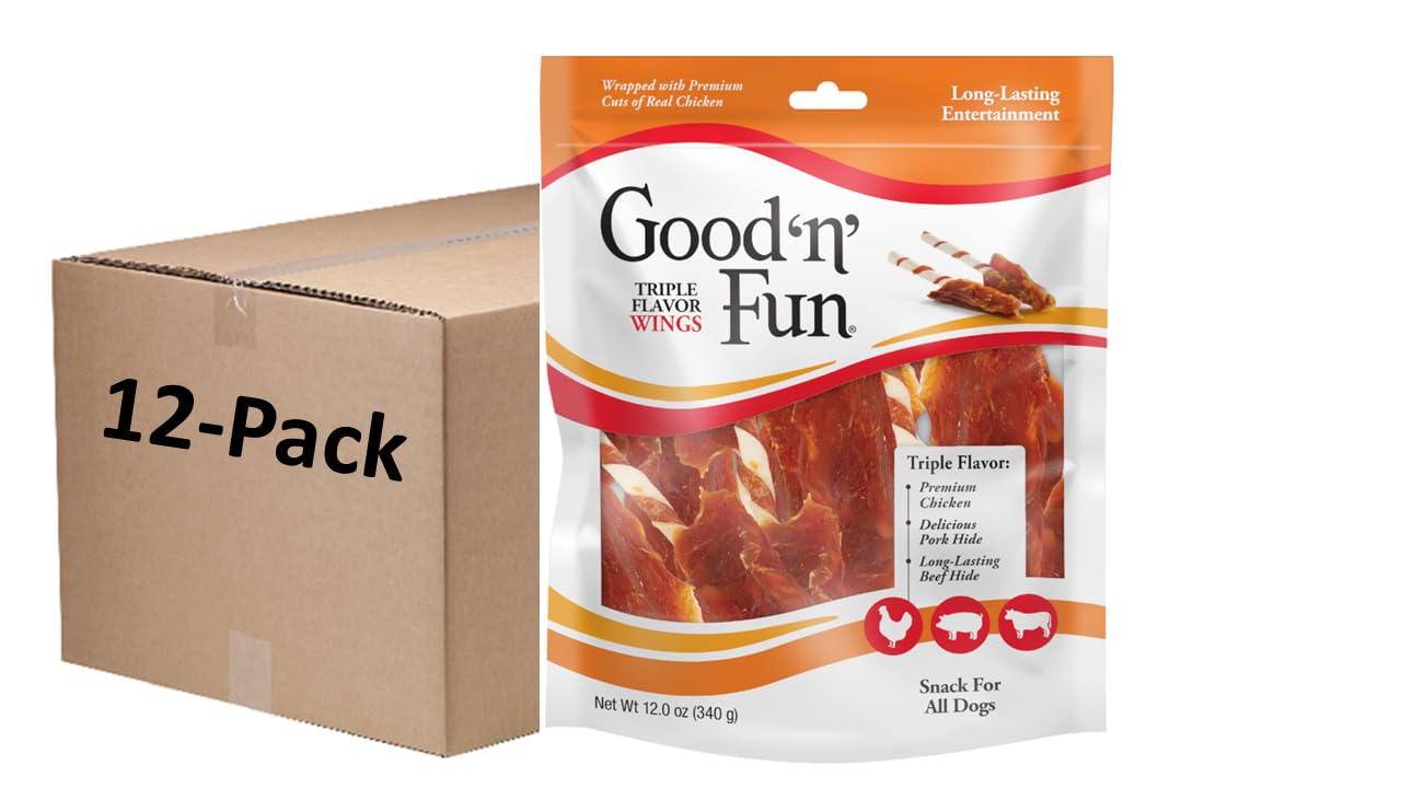 Good ‘n’ Fun Triple Flavor Wings Chews for All Dogs, Treat Your Dog to Long-Lasting Chews Made with Chicken, Pork Hide and Beef Hide, , 4 Ounces