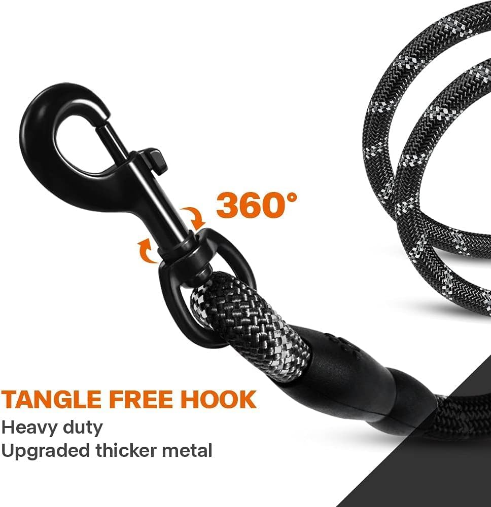 Taglory Rope Dog Leash 6 FT with Comfortable Padded Handle, Highly Reflective Threads Leash for Medium Large Dogs, 1/2 inch, Black
