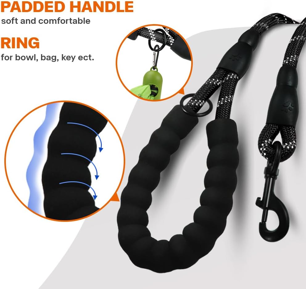 Taglory Rope Dog Leash 6 FT with Comfortable Padded Handle, Highly Reflective Threads Leash for Medium Large Dogs, 1/2 inch, Black