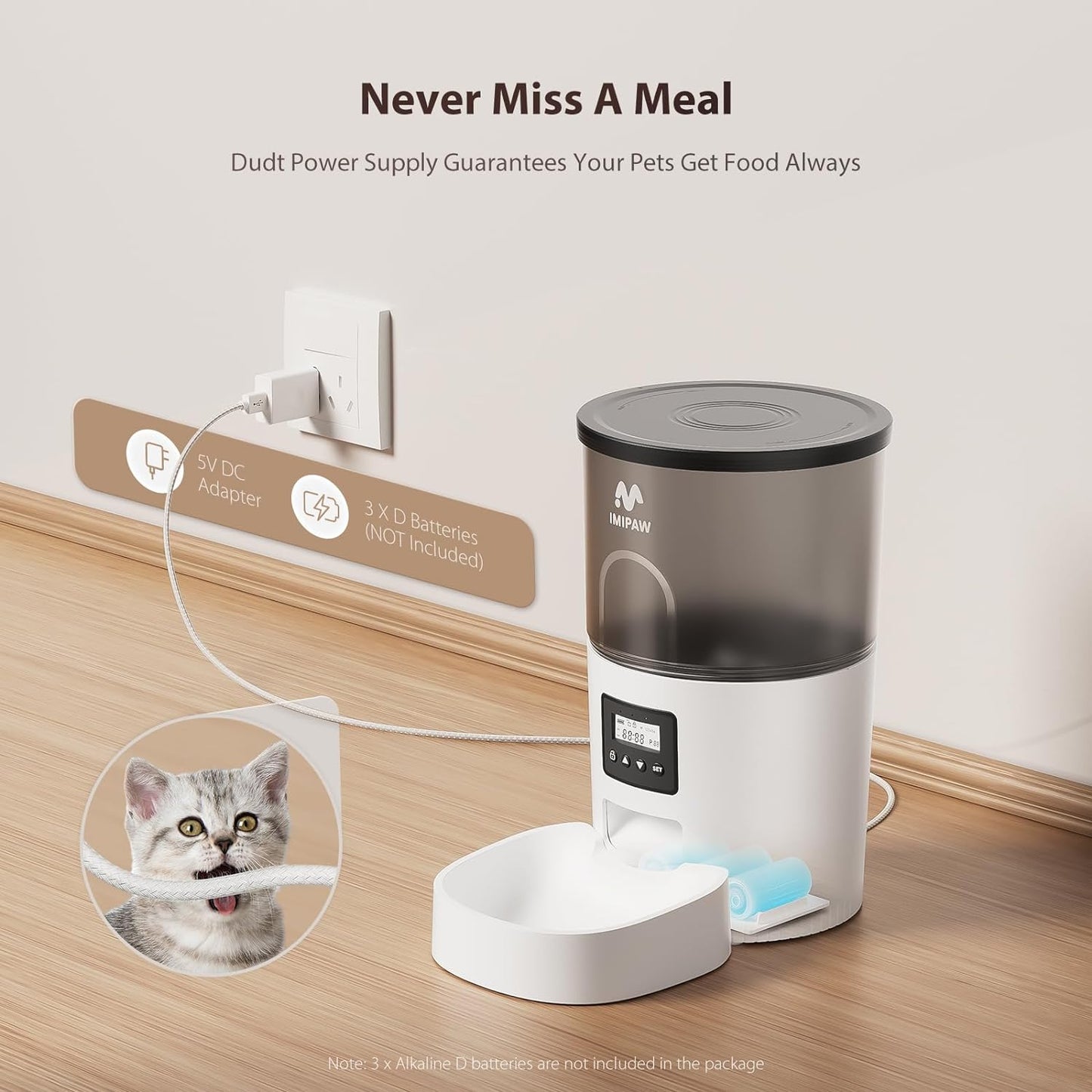 Automatic Cat Feeders, 3L Timed Cat Dry Food Dispenser, Dual Power Supply, Programmable Portion Size, 1-6 Meals Per Day, Auto Pet Feeder for Cats and Small Dogs