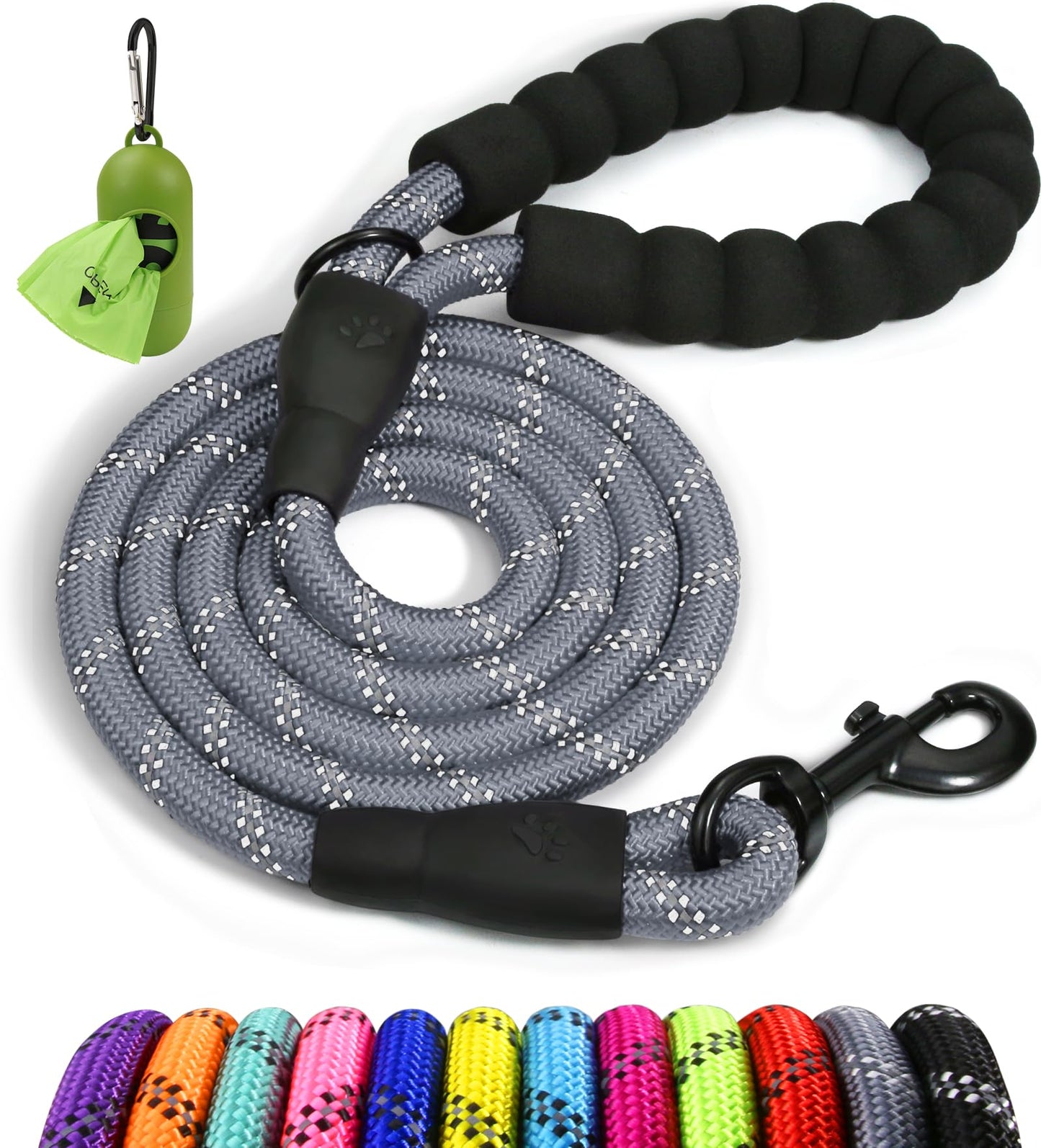 Taglory Rope Dog Leash 6 FT with Comfortable Padded Handle, Highly Reflective Threads Leash for Medium Large Dogs, 1/2 inch, Black