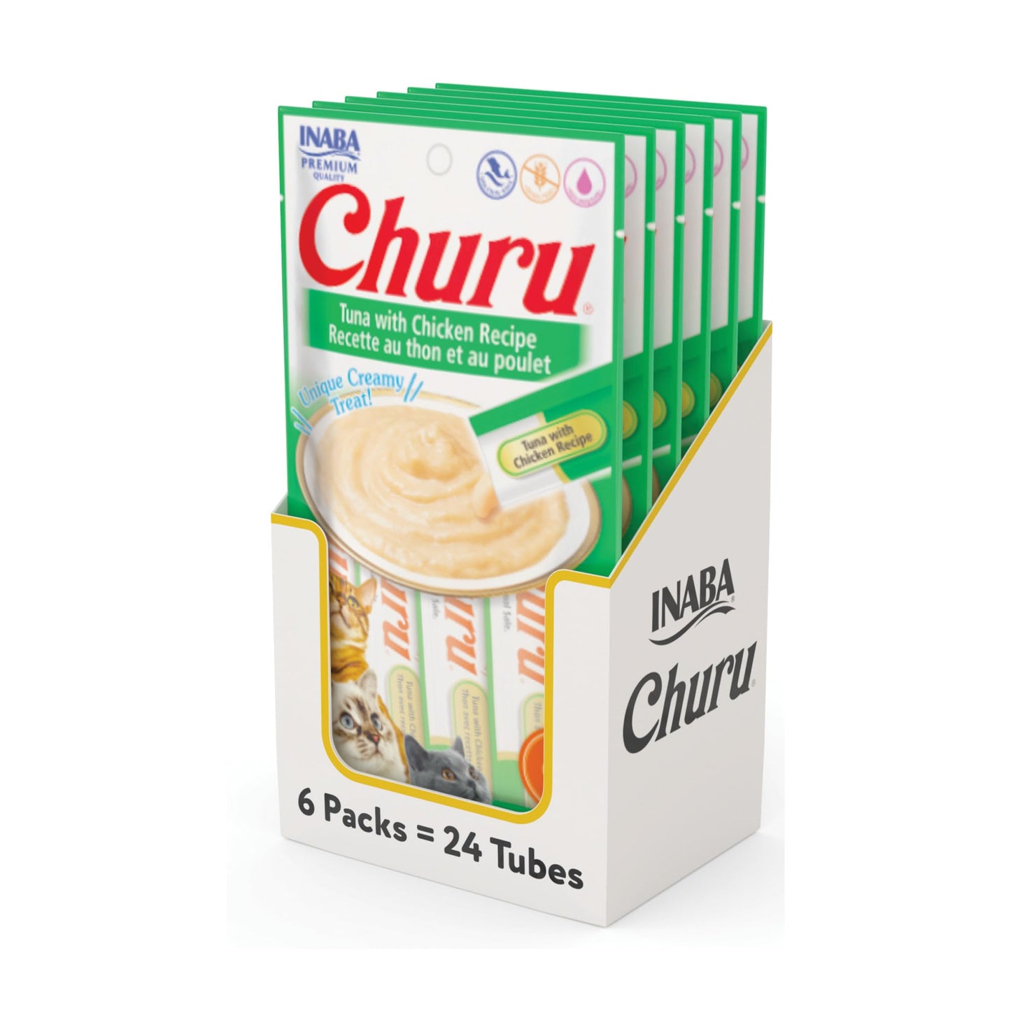 INABA Churu Cat Treats, Grain-Free, Lickable, Squeezable Creamy Purée Cat Treat/Topper with Vitamin E & Taurine, 0.5 Ounces Each Tube, 50 Tubes, Tuna & Chicken Variety