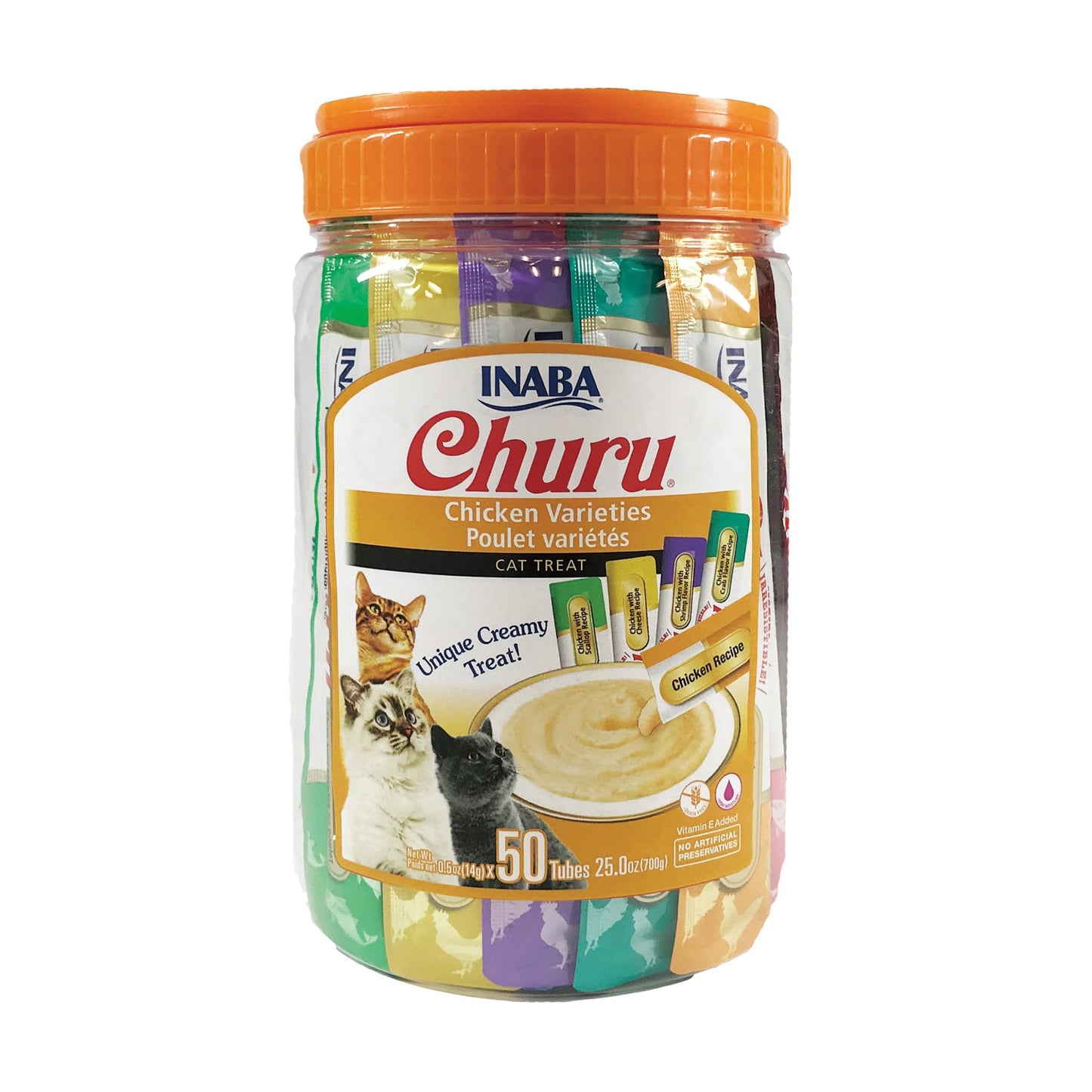 INABA Churu Cat Treats, Grain-Free, Lickable, Squeezable Creamy Purée Cat Treat/Topper with Vitamin E & Taurine, 0.5 Ounces Each Tube, 50 Tubes, Tuna & Chicken Variety