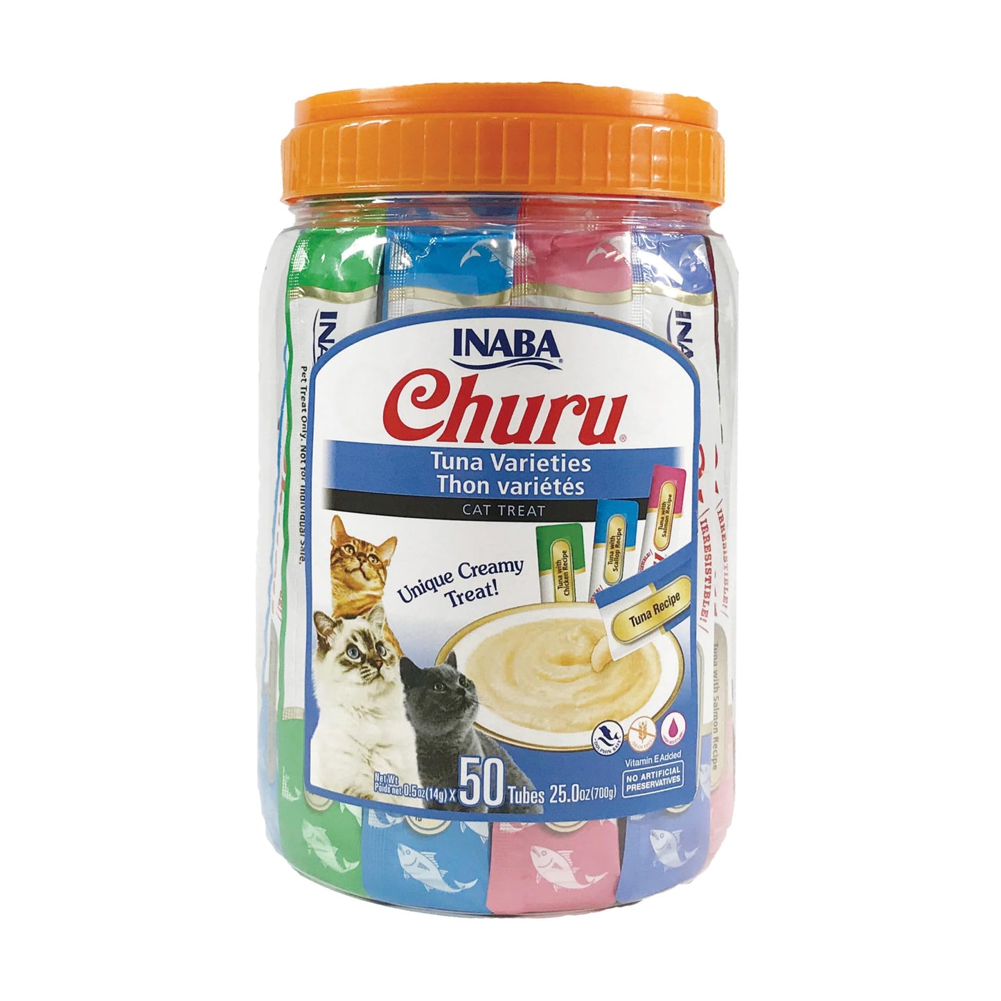INABA Churu Cat Treats, Grain-Free, Lickable, Squeezable Creamy Purée Cat Treat/Topper with Vitamin E & Taurine, 0.5 Ounces Each Tube, 50 Tubes, Tuna & Chicken Variety