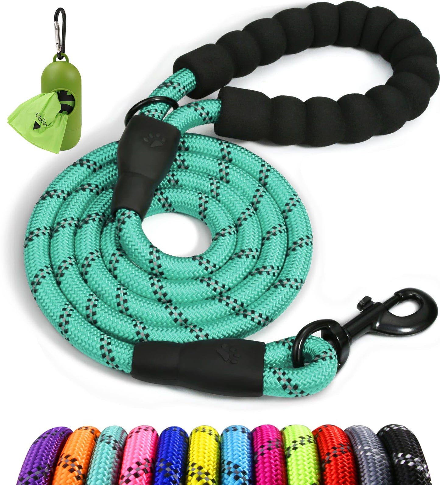 Taglory Rope Dog Leash 6 FT with Comfortable Padded Handle, Highly Reflective Threads Leash for Medium Large Dogs, 1/2 inch, Black