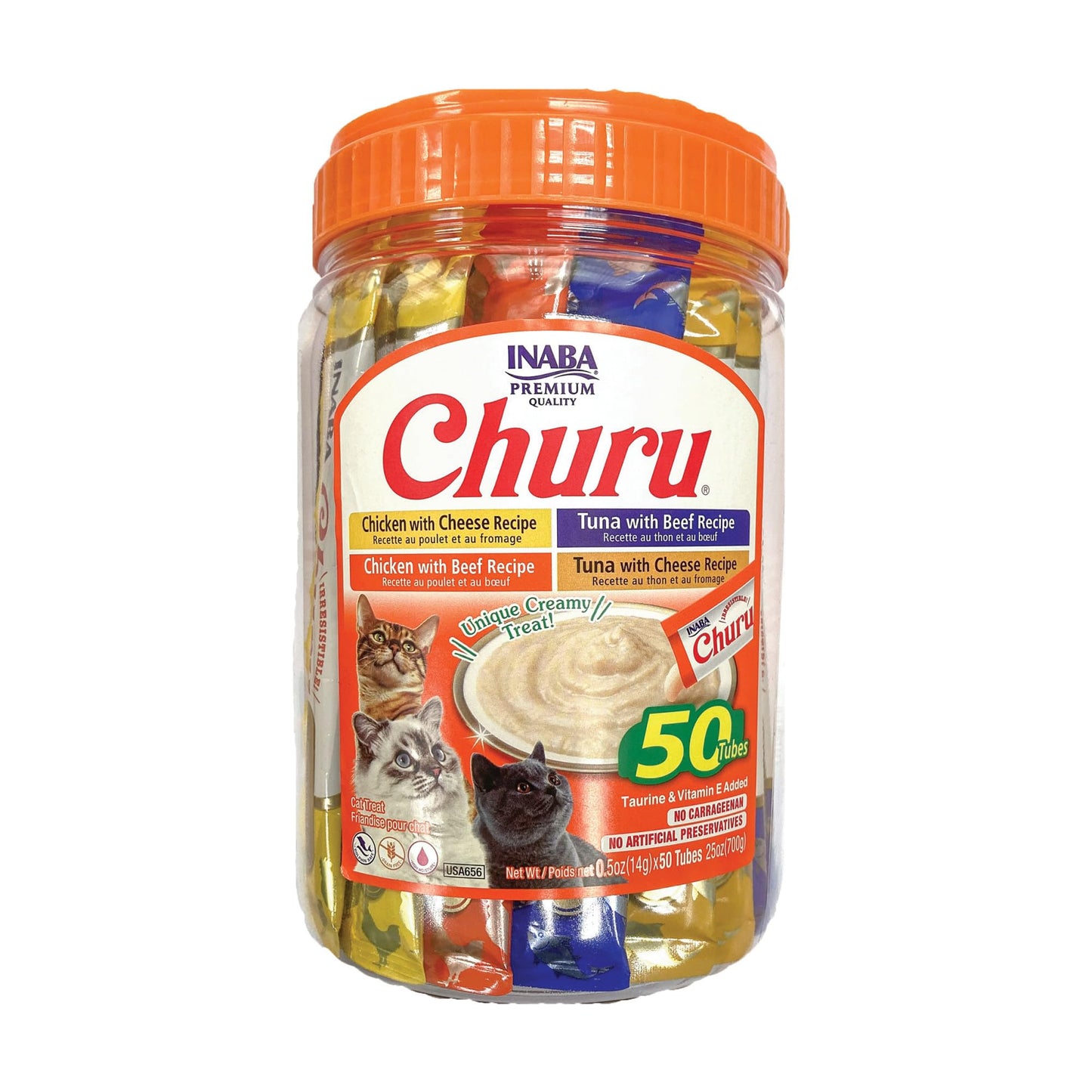 INABA Churu Cat Treats, Grain-Free, Lickable, Squeezable Creamy Purée Cat Treat/Topper with Vitamin E & Taurine, 0.5 Ounces Each Tube, 50 Tubes, Tuna & Chicken Variety