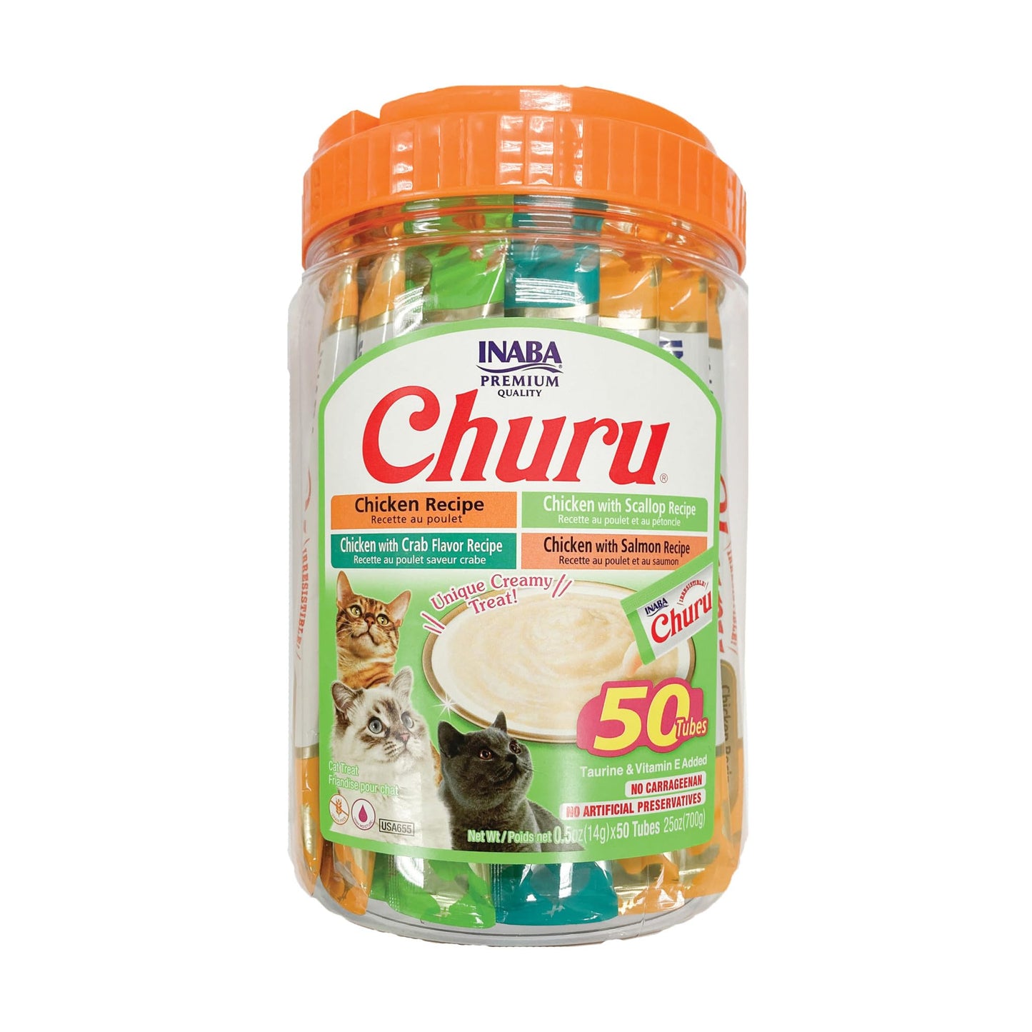 INABA Churu Cat Treats, Grain-Free, Lickable, Squeezable Creamy Purée Cat Treat/Topper with Vitamin E & Taurine, 0.5 Ounces Each Tube, 50 Tubes, Tuna & Chicken Variety