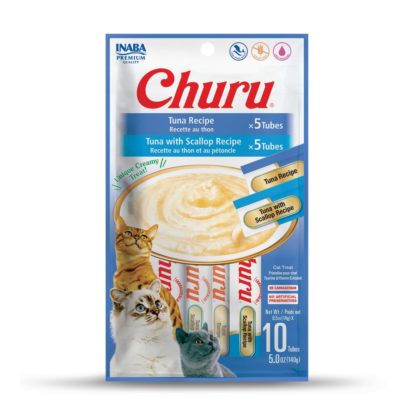 INABA Churu Cat Treats, Grain-Free, Lickable, Squeezable Creamy Purée Cat Treat/Topper with Vitamin E & Taurine, 0.5 Ounces Each Tube, 50 Tubes, Tuna & Chicken Variety