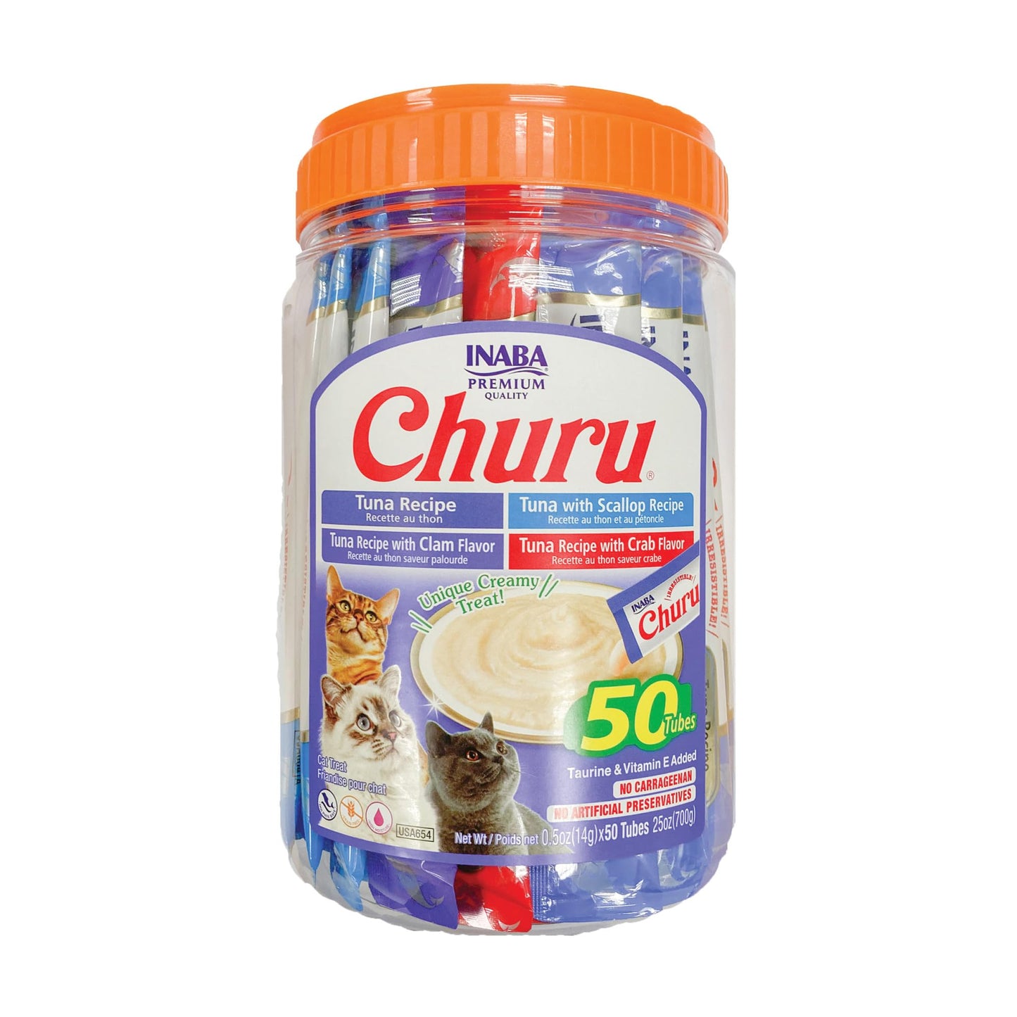 INABA Churu Cat Treats, Grain-Free, Lickable, Squeezable Creamy Purée Cat Treat/Topper with Vitamin E & Taurine, 0.5 Ounces Each Tube, 50 Tubes, Tuna & Chicken Variety