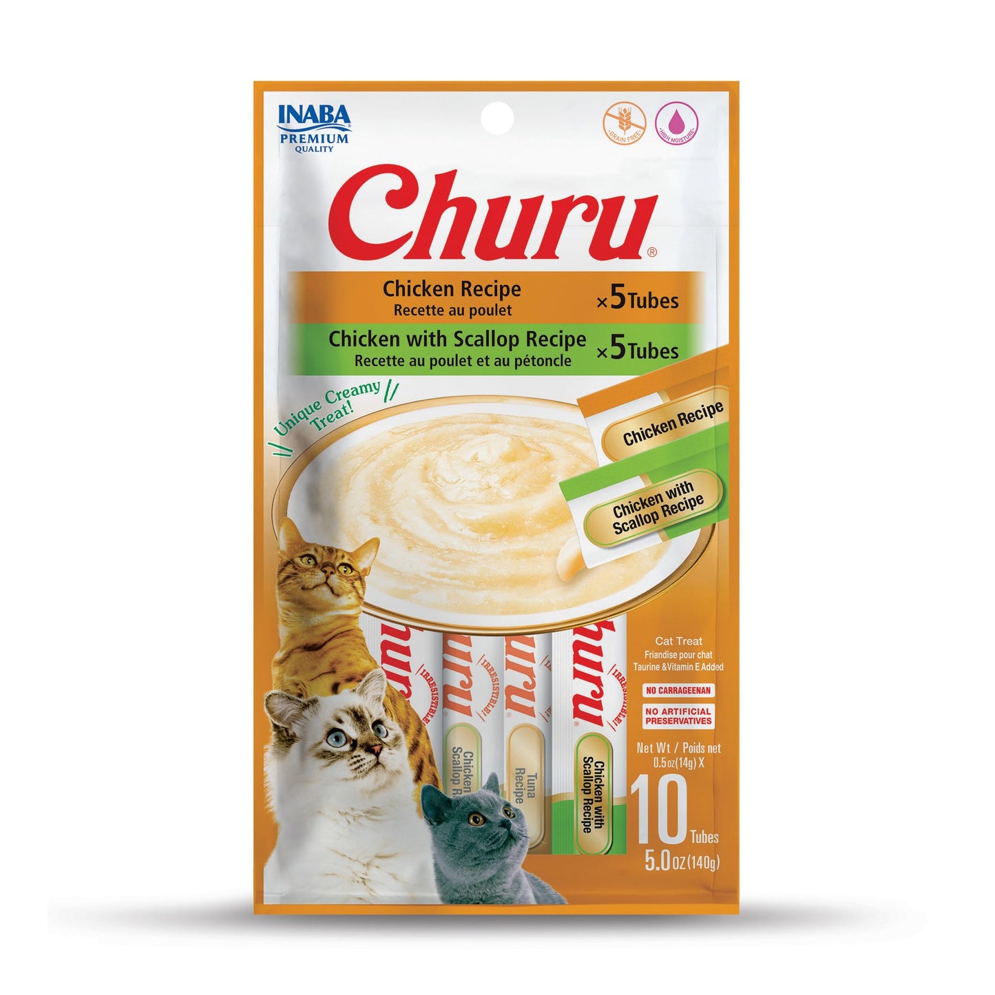 INABA Churu Cat Treats, Grain-Free, Lickable, Squeezable Creamy Purée Cat Treat/Topper with Vitamin E & Taurine, 0.5 Ounces Each Tube, 50 Tubes, Tuna & Chicken Variety