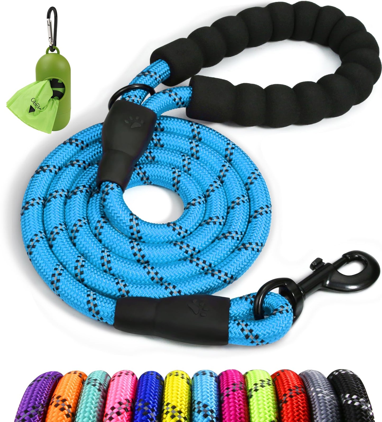 Taglory Rope Dog Leash 6 FT with Comfortable Padded Handle, Highly Reflective Threads Leash for Medium Large Dogs, 1/2 inch, Black
