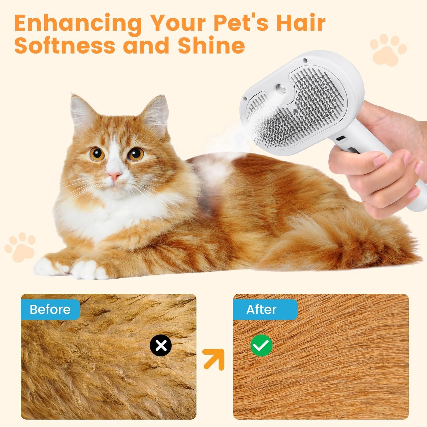 3 in 1 Cat Steam Brush, Pet Spray Hair Removal Comb for Shedding & Grooming, Water Brush for Cats Dogs Small Animals Long Short Haired with One-Click Release Button(White)