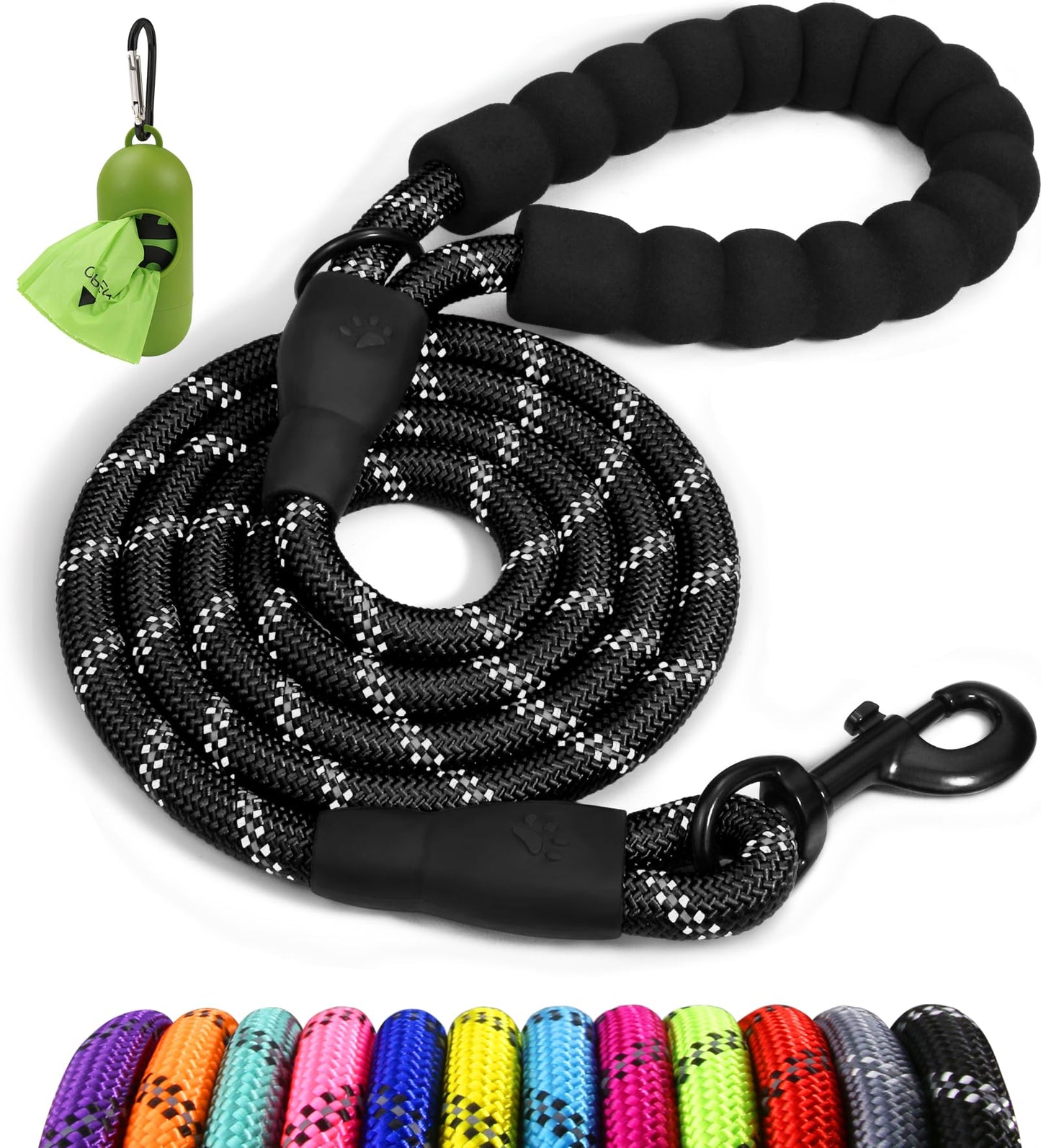 Taglory Rope Dog Leash 6 FT with Comfortable Padded Handle, Highly Reflective Threads Leash for Medium Large Dogs, 1/2 inch, Black