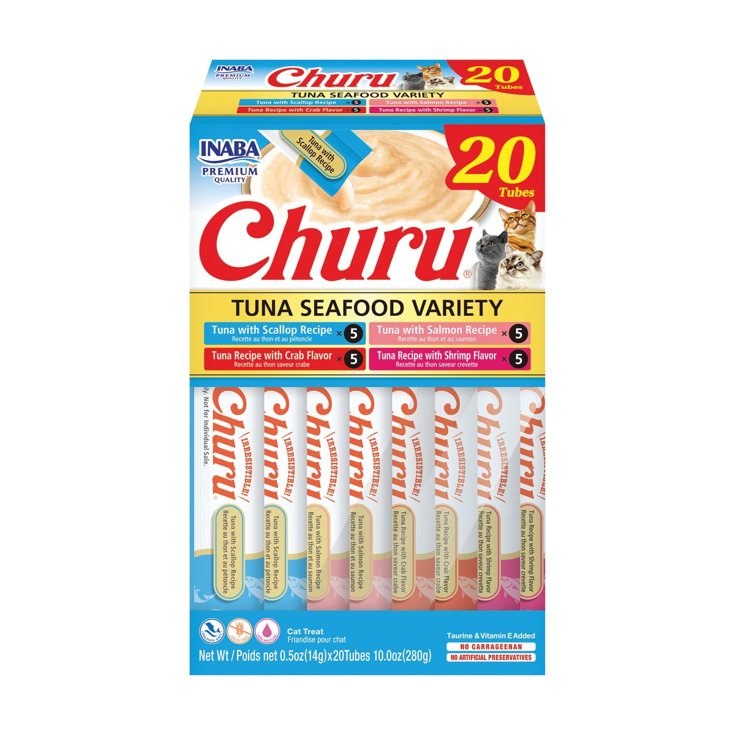 INABA Churu Cat Treats, Grain-Free, Lickable, Squeezable Creamy Purée Cat Treat/Topper with Vitamin E & Taurine, 0.5 Ounces Each Tube, 50 Tubes, Tuna & Chicken Variety
