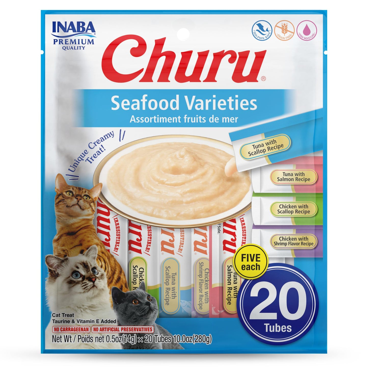 INABA Churu Cat Treats, Grain-Free, Lickable, Squeezable Creamy Purée Cat Treat/Topper with Vitamin E & Taurine, 0.5 Ounces Each Tube, 50 Tubes, Tuna & Chicken Variety