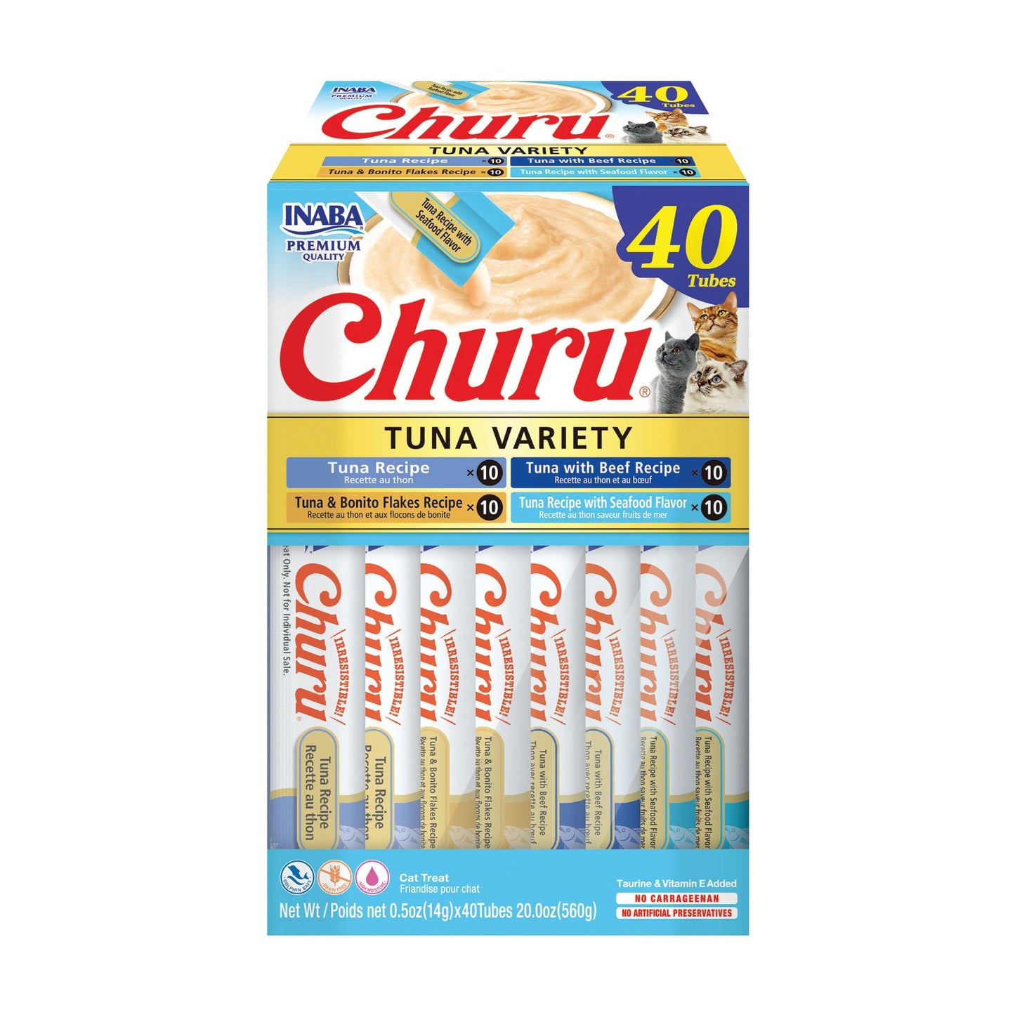 INABA Churu Cat Treats, Grain-Free, Lickable, Squeezable Creamy Purée Cat Treat/Topper with Vitamin E & Taurine, 0.5 Ounces Each Tube, 50 Tubes, Tuna & Chicken Variety