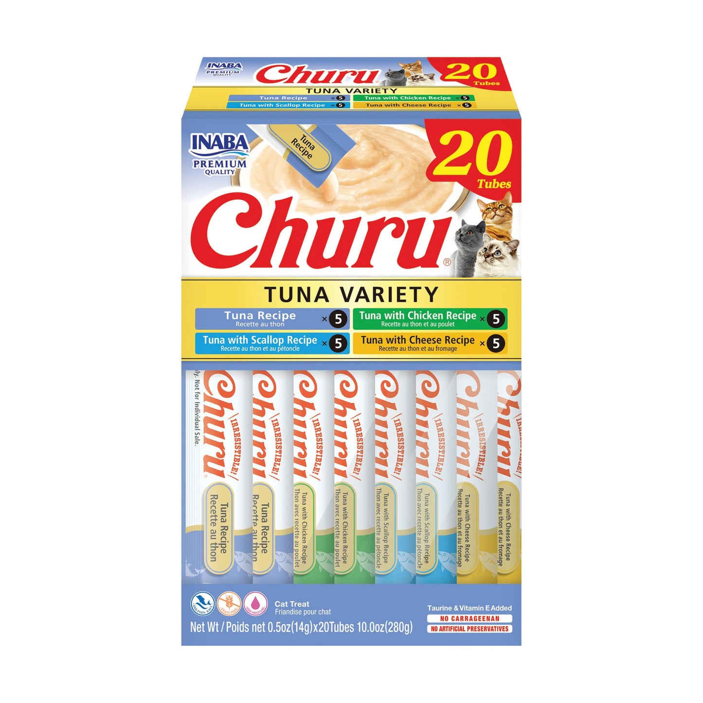 INABA Churu Cat Treats, Grain-Free, Lickable, Squeezable Creamy Purée Cat Treat/Topper with Vitamin E & Taurine, 0.5 Ounces Each Tube, 50 Tubes, Tuna & Chicken Variety