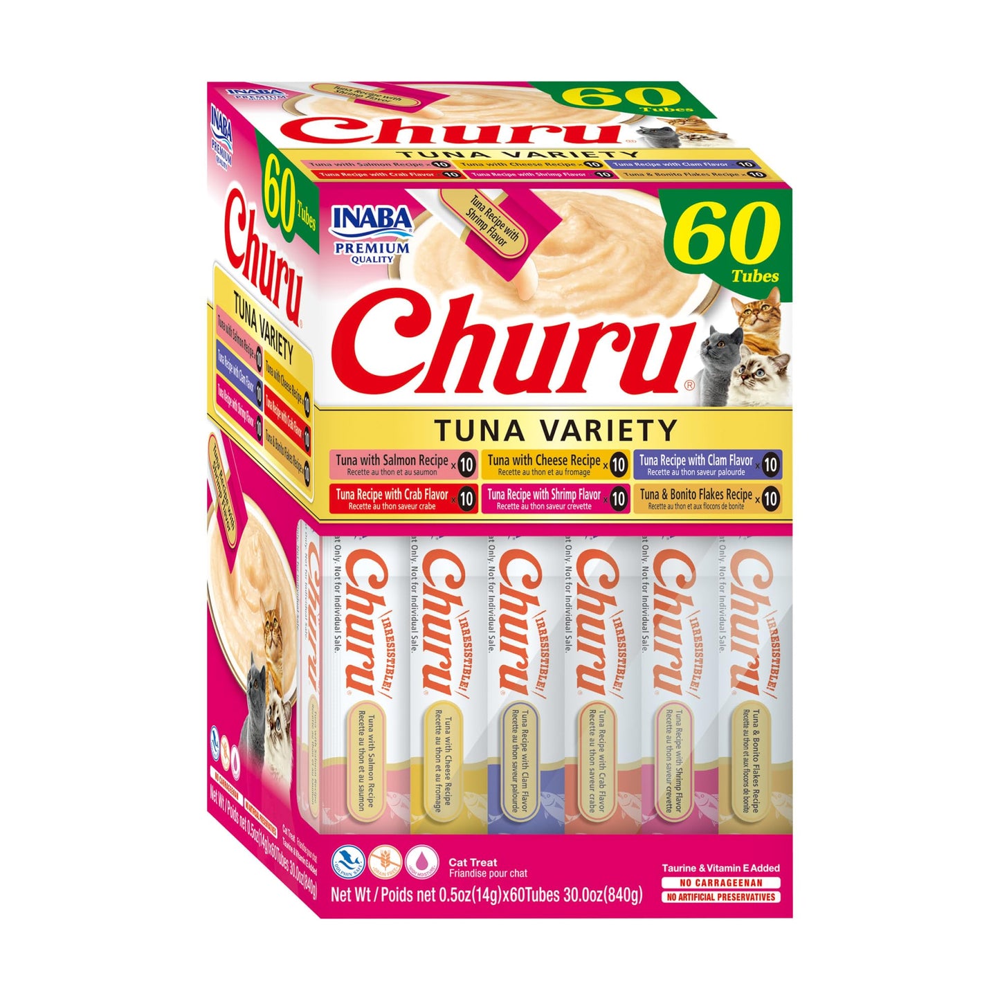 INABA Churu Cat Treats, Grain-Free, Lickable, Squeezable Creamy Purée Cat Treat/Topper with Vitamin E & Taurine, 0.5 Ounces Each Tube, 50 Tubes, Tuna & Chicken Variety