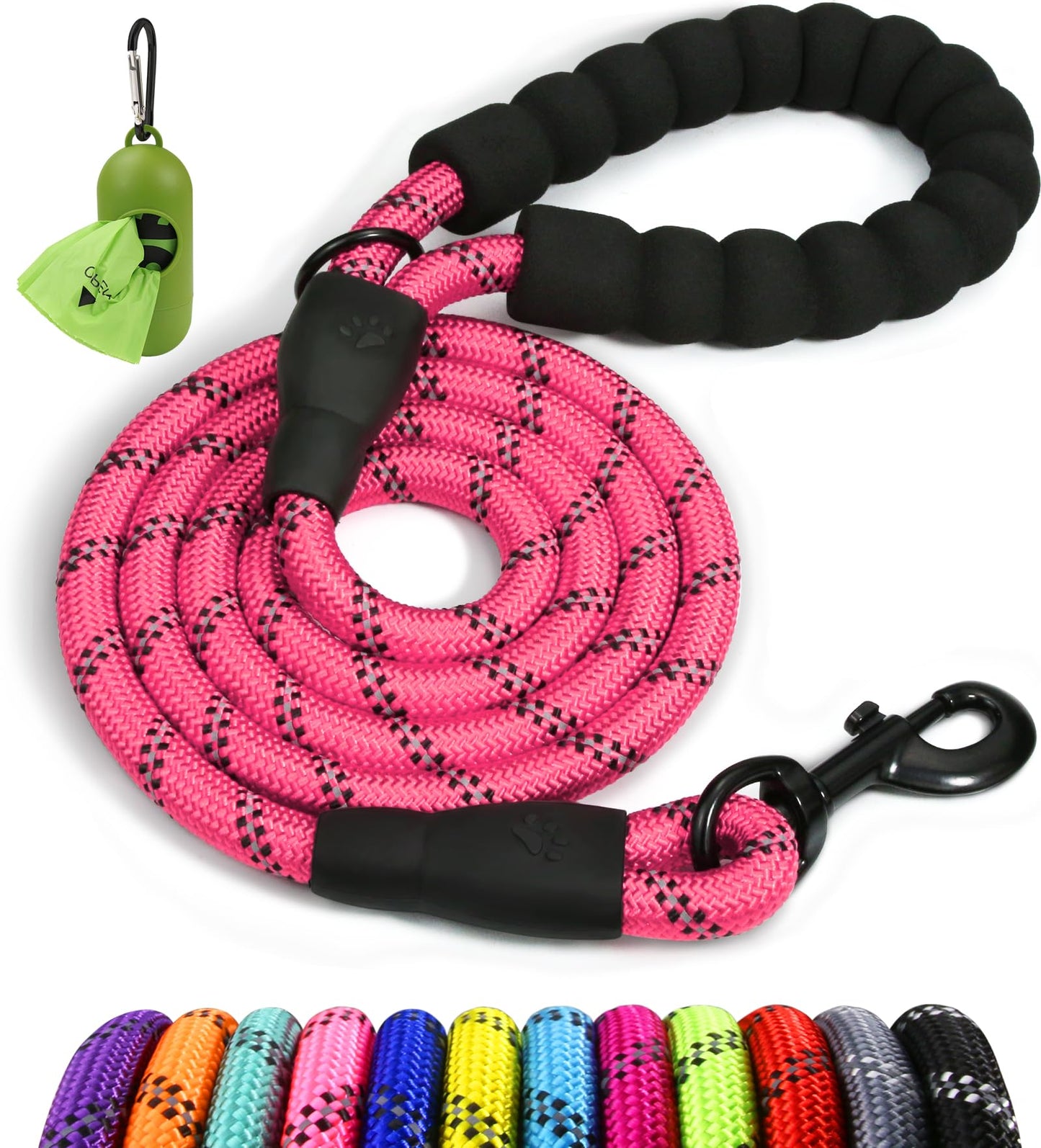 Taglory Rope Dog Leash 6 FT with Comfortable Padded Handle, Highly Reflective Threads Leash for Medium Large Dogs, 1/2 inch, Black