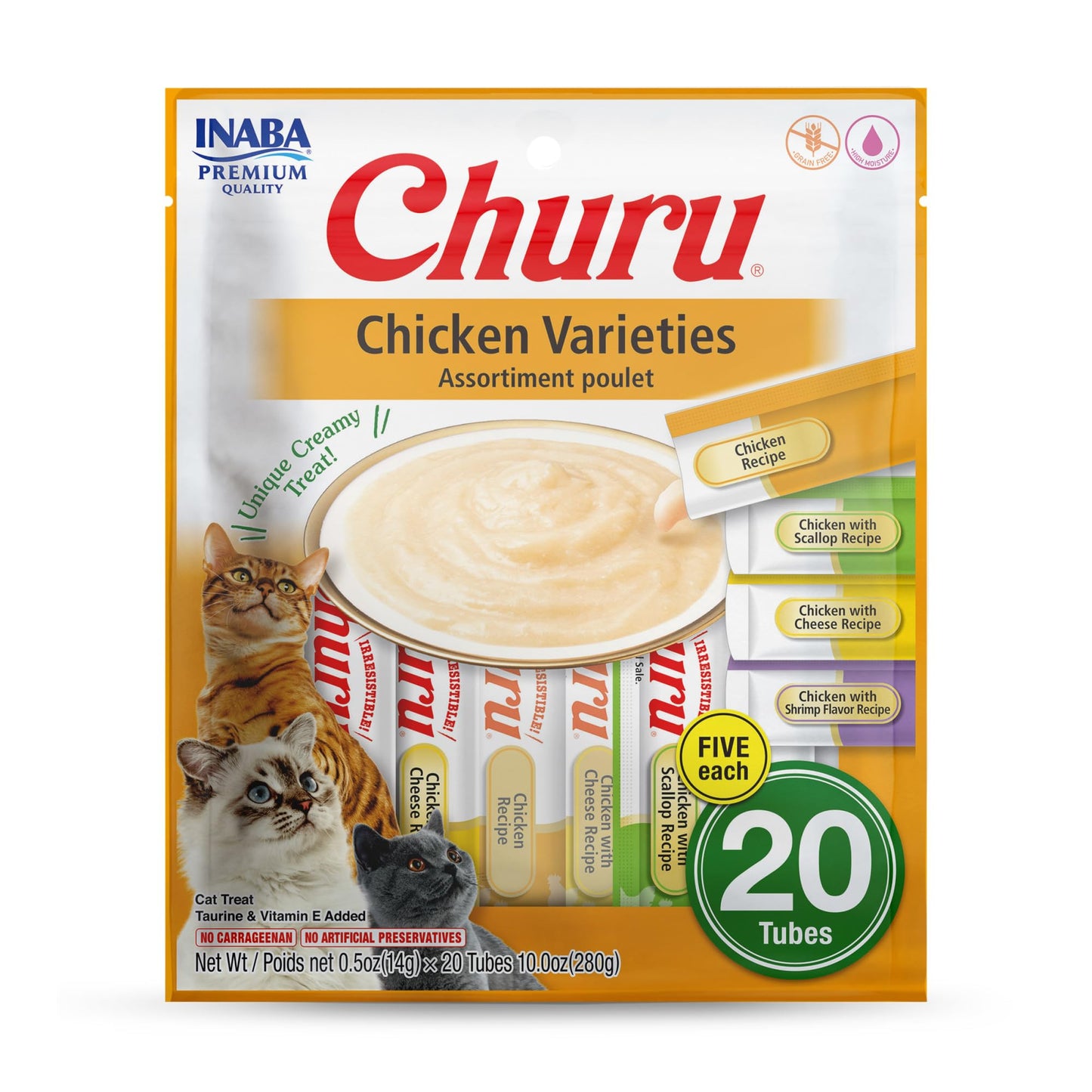 INABA Churu Cat Treats, Grain-Free, Lickable, Squeezable Creamy Purée Cat Treat/Topper with Vitamin E & Taurine, 0.5 Ounces Each Tube, 50 Tubes, Tuna & Chicken Variety