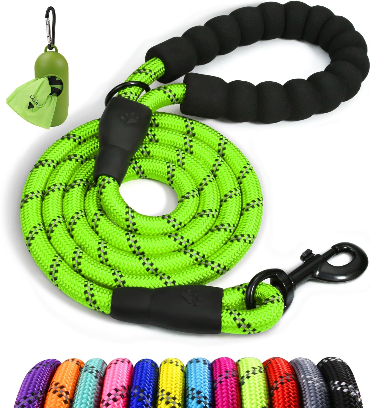 Taglory Rope Dog Leash 6 FT with Comfortable Padded Handle, Highly Reflective Threads Leash for Medium Large Dogs, 1/2 inch, Black