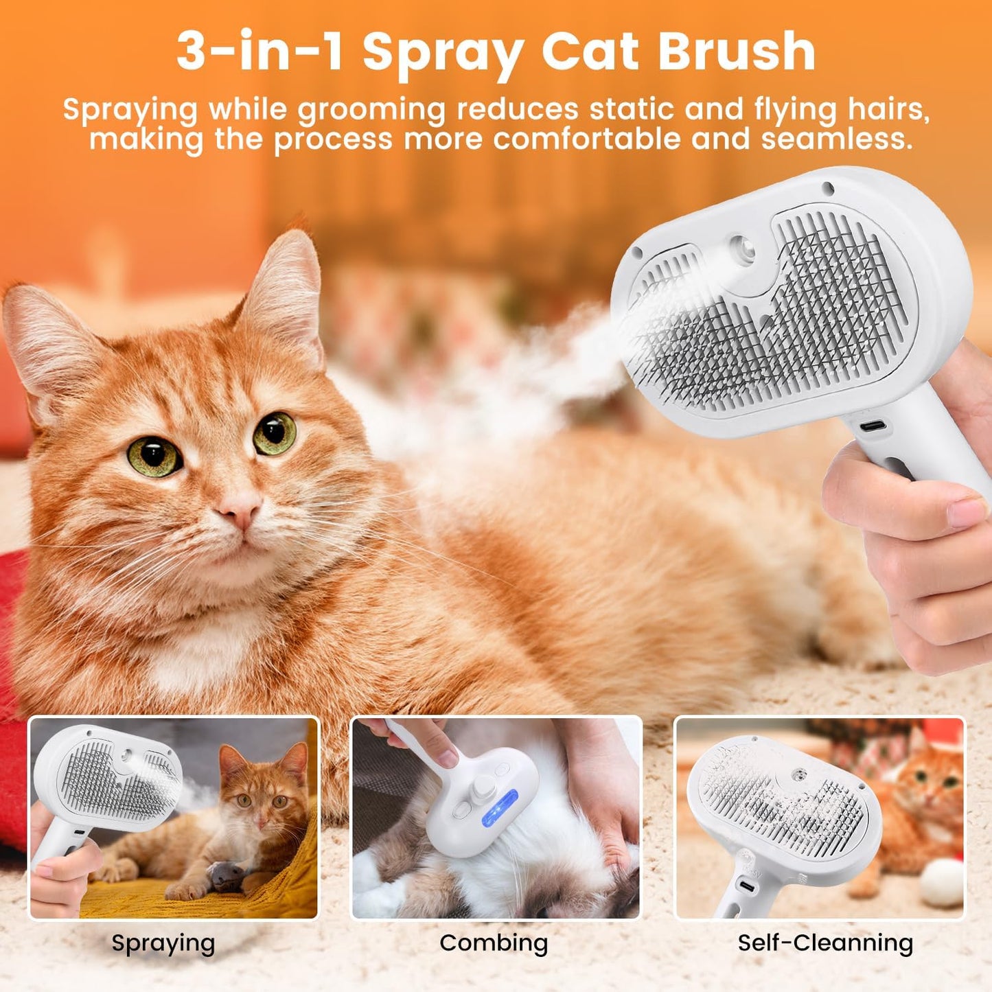 3 in 1 Cat Steam Brush, Pet Spray Hair Removal Comb for Shedding & Grooming, Water Brush for Cats Dogs Small Animals Long Short Haired with One-Click Release Button(White)