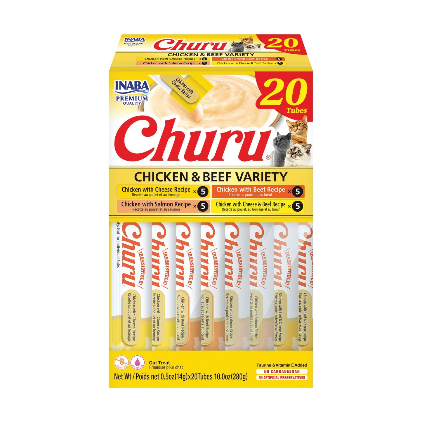 INABA Churu Cat Treats, Grain-Free, Lickable, Squeezable Creamy Purée Cat Treat/Topper with Vitamin E & Taurine, 0.5 Ounces Each Tube, 50 Tubes, Tuna & Chicken Variety