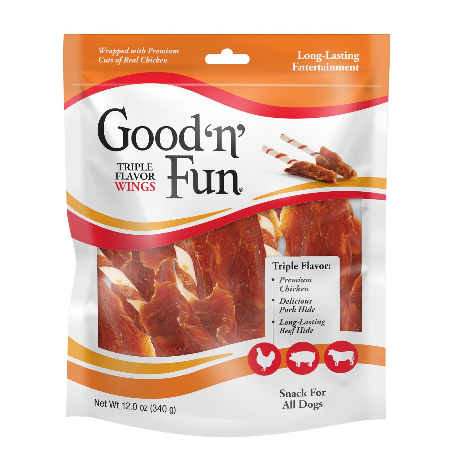 Good ‘n’ Fun Triple Flavor Wings Chews for All Dogs, Treat Your Dog to Long-Lasting Chews Made with Chicken, Pork Hide and Beef Hide, , 4 Ounces