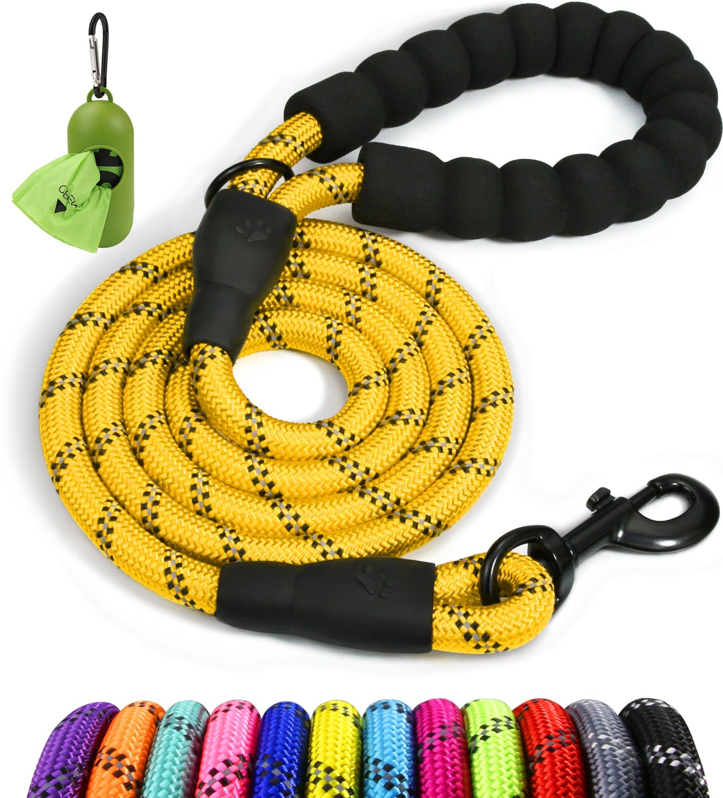 Taglory Rope Dog Leash 6 FT with Comfortable Padded Handle, Highly Reflective Threads Leash for Medium Large Dogs, 1/2 inch, Black