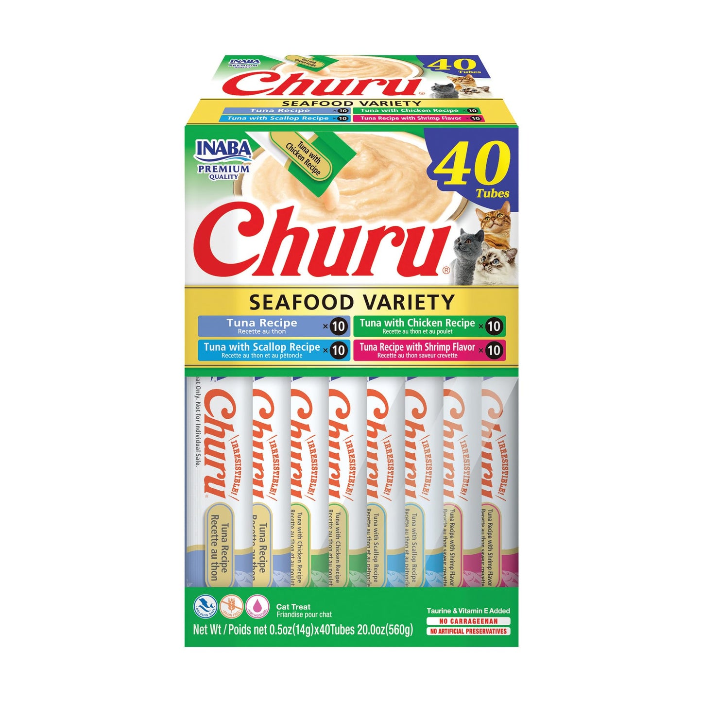 INABA Churu Cat Treats, Grain-Free, Lickable, Squeezable Creamy Purée Cat Treat/Topper with Vitamin E & Taurine, 0.5 Ounces Each Tube, 50 Tubes, Tuna & Chicken Variety