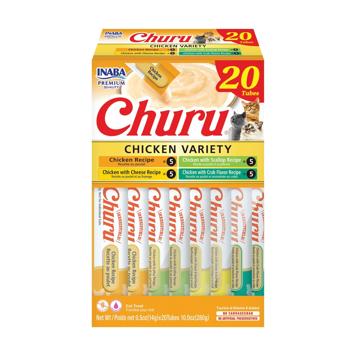 INABA Churu Cat Treats, Grain-Free, Lickable, Squeezable Creamy Purée Cat Treat/Topper with Vitamin E & Taurine, 0.5 Ounces Each Tube, 50 Tubes, Tuna & Chicken Variety