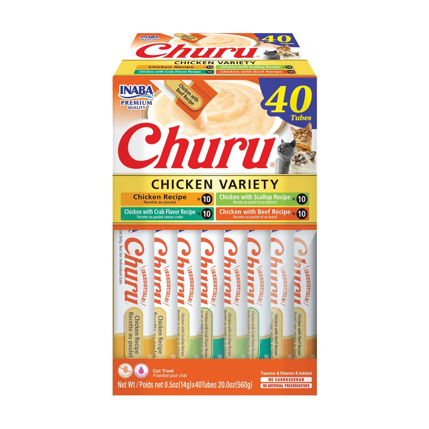 INABA Churu Cat Treats, Grain-Free, Lickable, Squeezable Creamy Purée Cat Treat/Topper with Vitamin E & Taurine, 0.5 Ounces Each Tube, 50 Tubes, Tuna & Chicken Variety