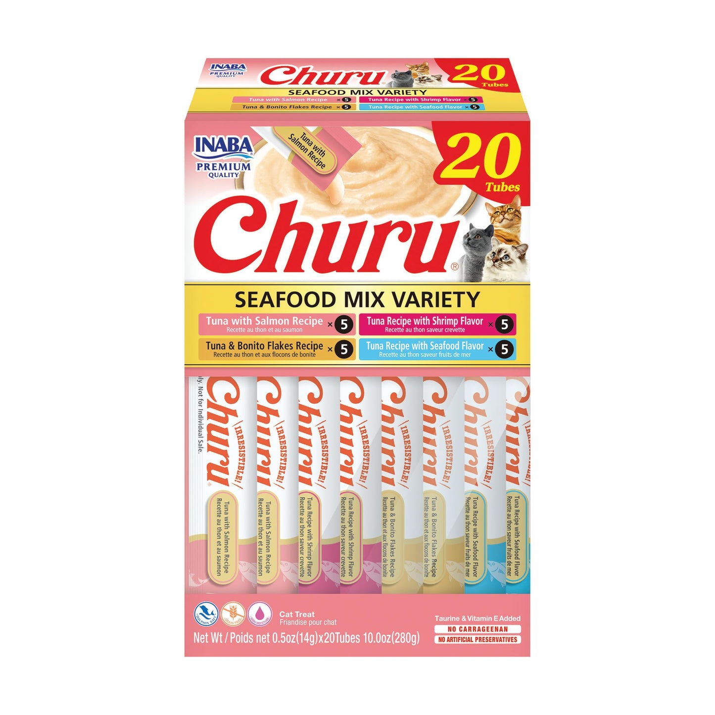 INABA Churu Cat Treats, Grain-Free, Lickable, Squeezable Creamy Purée Cat Treat/Topper with Vitamin E & Taurine, 0.5 Ounces Each Tube, 50 Tubes, Tuna & Chicken Variety