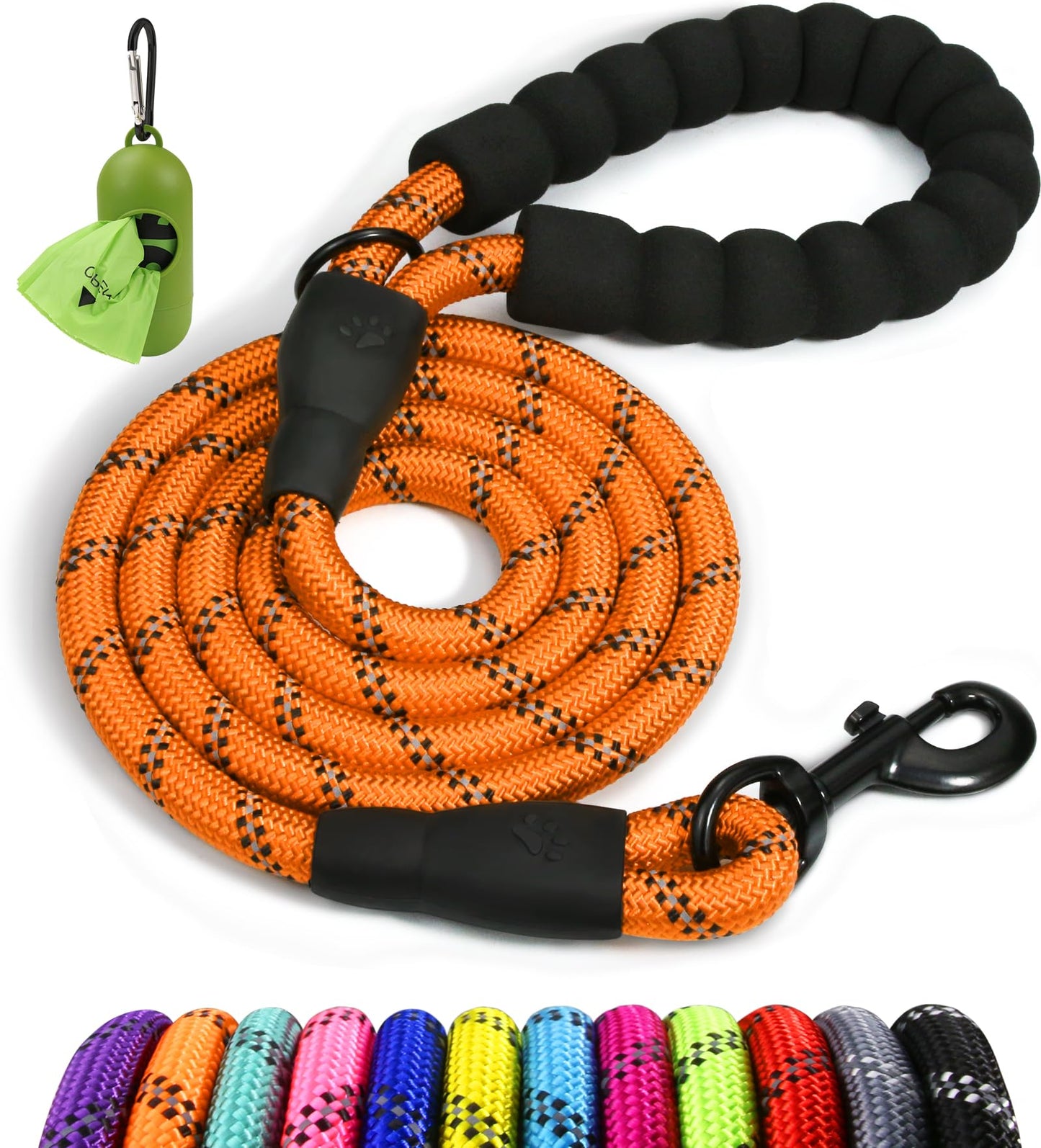 Taglory Rope Dog Leash 6 FT with Comfortable Padded Handle, Highly Reflective Threads Leash for Medium Large Dogs, 1/2 inch, Black