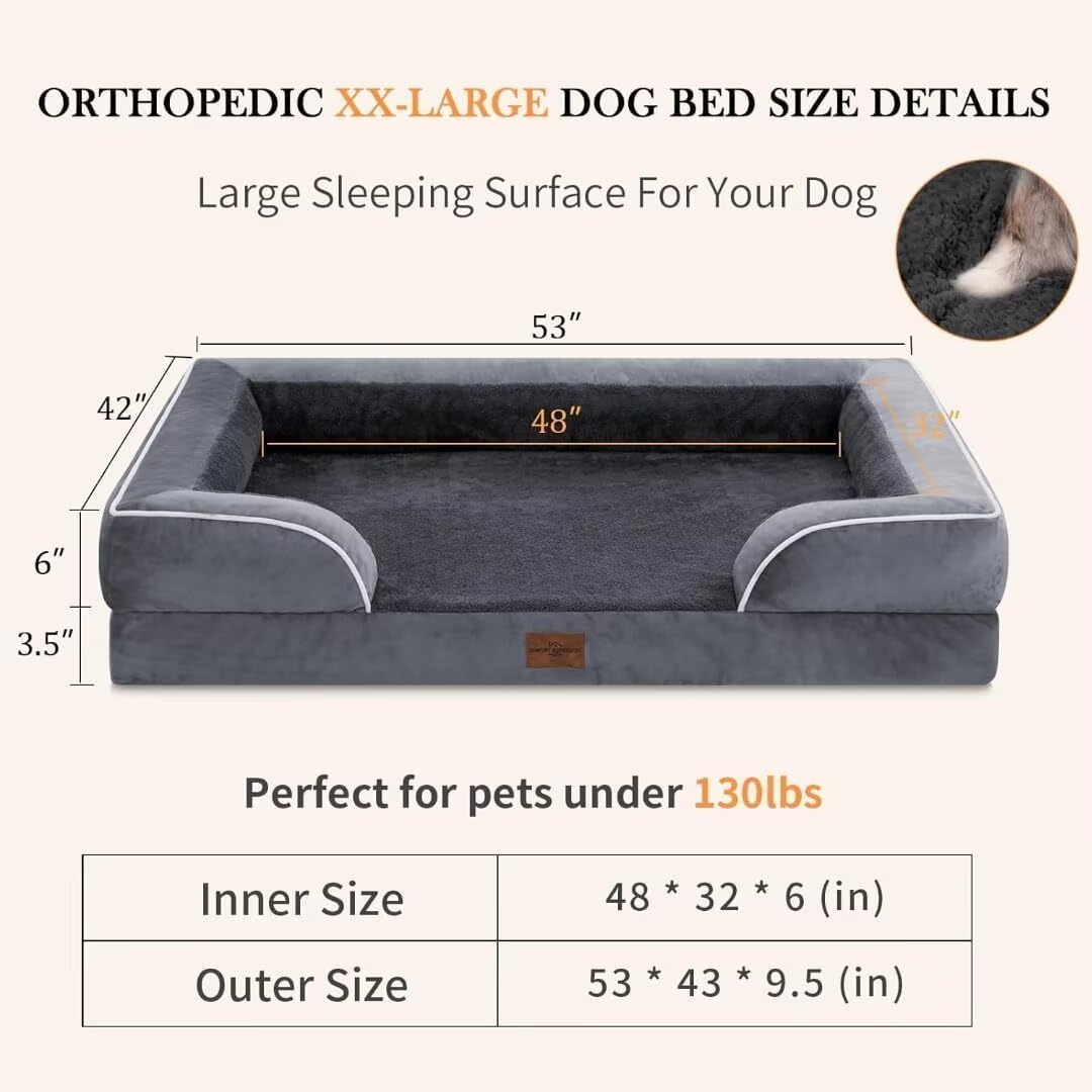 Comfort Expression Waterproof Orthopedic Foam Dog Beds, XXL Orthopedic Dog Bed for Extra Large Dogs, Washable Dog Sofa Bed with Removable Cover & Non-Slip Bottom(XX-Large,Dark Grey)