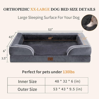 Comfort Expression Waterproof Orthopedic Foam Dog Beds, XXL Orthopedic Dog Bed for Extra Large Dogs, Washable Dog Sofa Bed with Removable Cover & Non-Slip Bottom(XX-Large,Dark Grey)