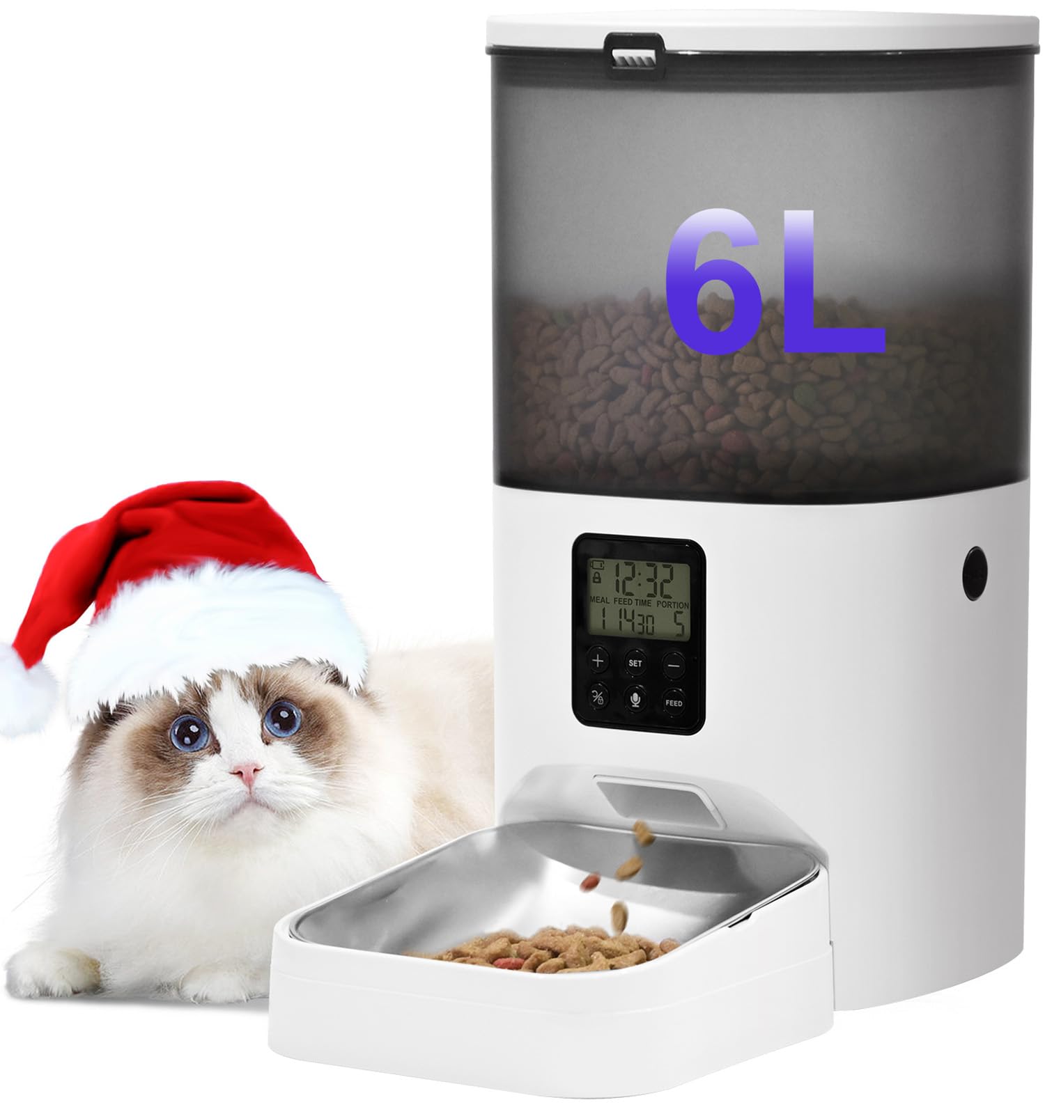 Automatic Cat Feeder, 4L Cat Food Dispenser with 10s Voice Recorder, Pet Feeder up to 8 Meals per Day, Timed Dog Feeder with Dry Food Sealed Ring (White, 4L-Basic)