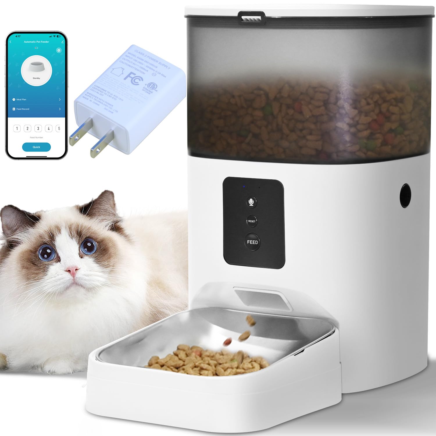 Automatic Cat Feeder, 4L Cat Food Dispenser with 10s Voice Recorder, Pet Feeder up to 8 Meals per Day, Timed Dog Feeder with Dry Food Sealed Ring (White, 4L-Basic)