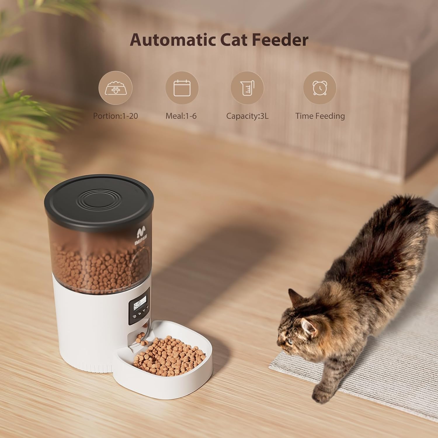 Automatic Cat Feeders, 3L Timed Cat Dry Food Dispenser, Dual Power Supply, Programmable Portion Size, 1-6 Meals Per Day, Auto Pet Feeder for Cats and Small Dogs