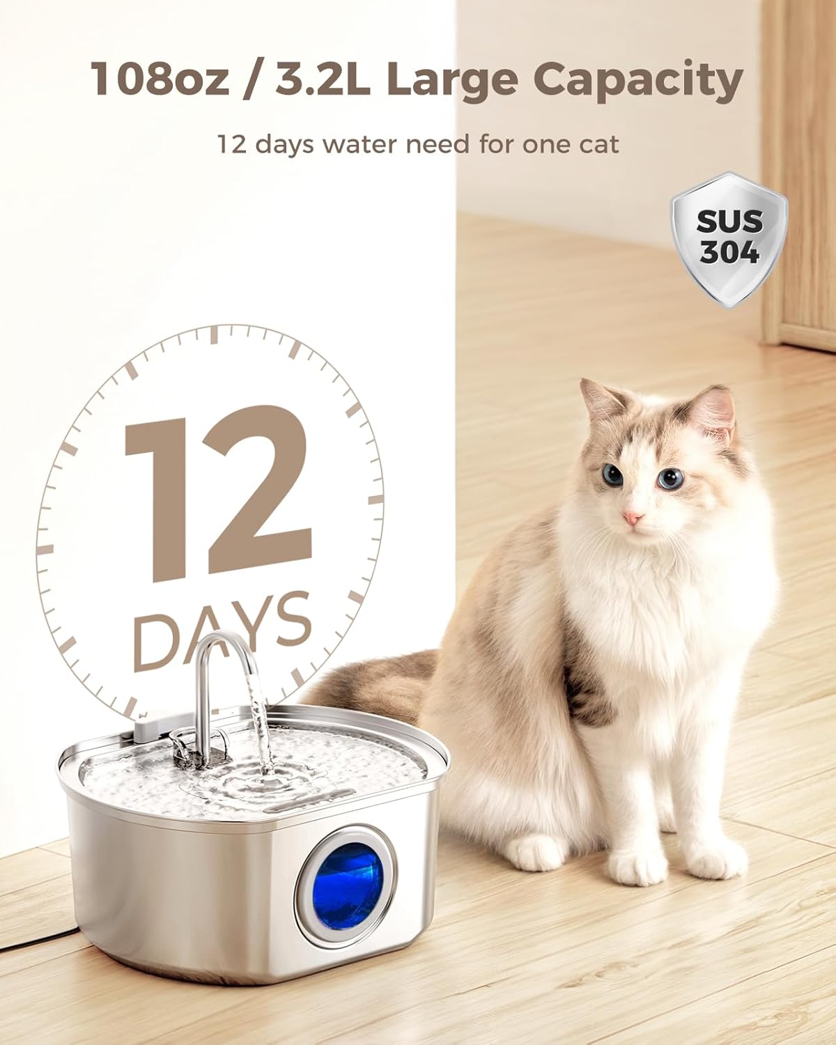 Cat Water Fountain Stainless Steel: 108oz/3.2L Cat Fountain for Drinking- Pet Water Fountain for Cats Inside - Automatic Cat Water Dispenser Bowl - Cat Feeding & Watering Supplies - Water Level Window