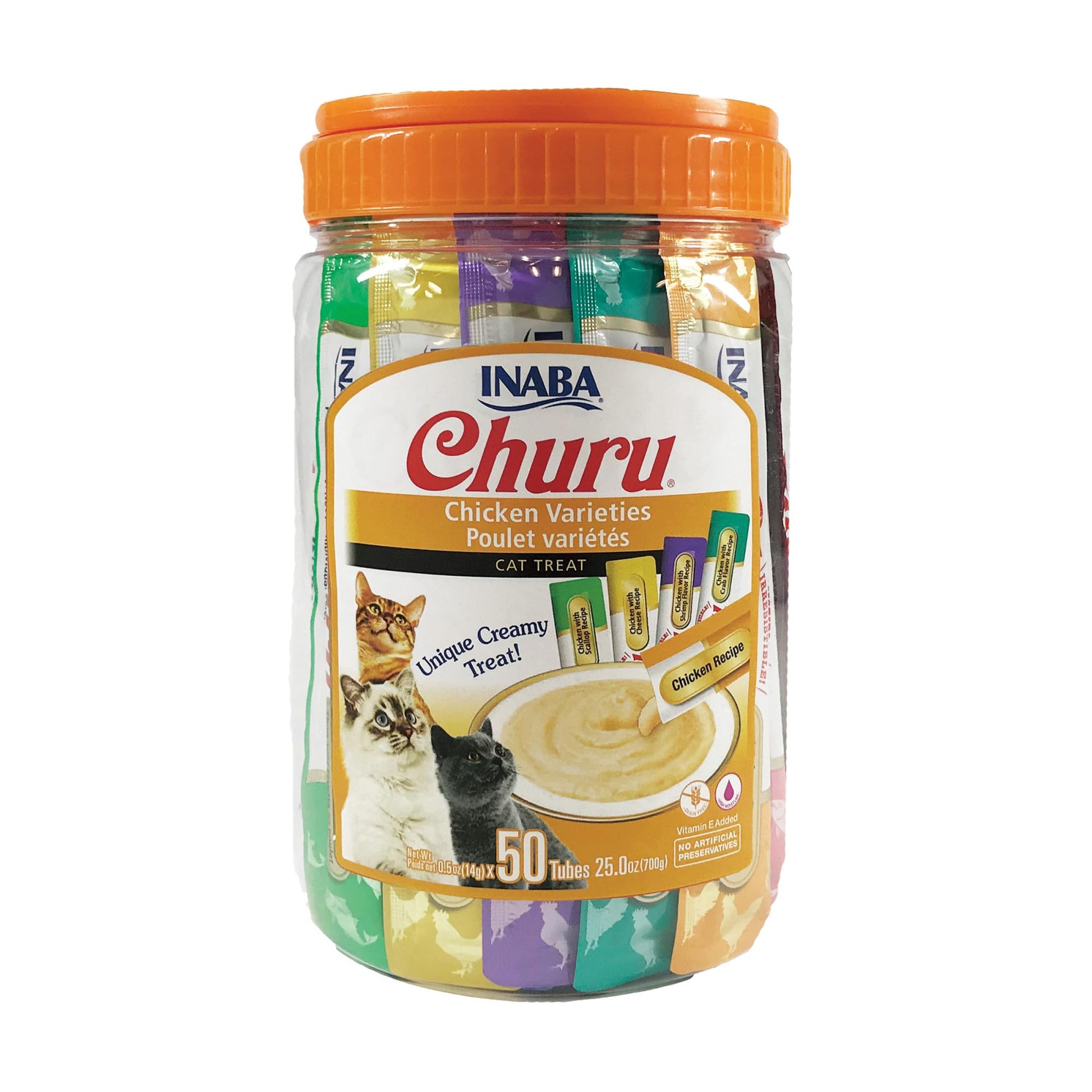 INABA Churu Cat Treats, Grain-Free, Lickable, Squeezable Creamy Purée Cat Treat/Topper with Vitamin E & Taurine, 0.5 Ounces Each Tube, 50 Tubes, Tuna & Chicken Variety