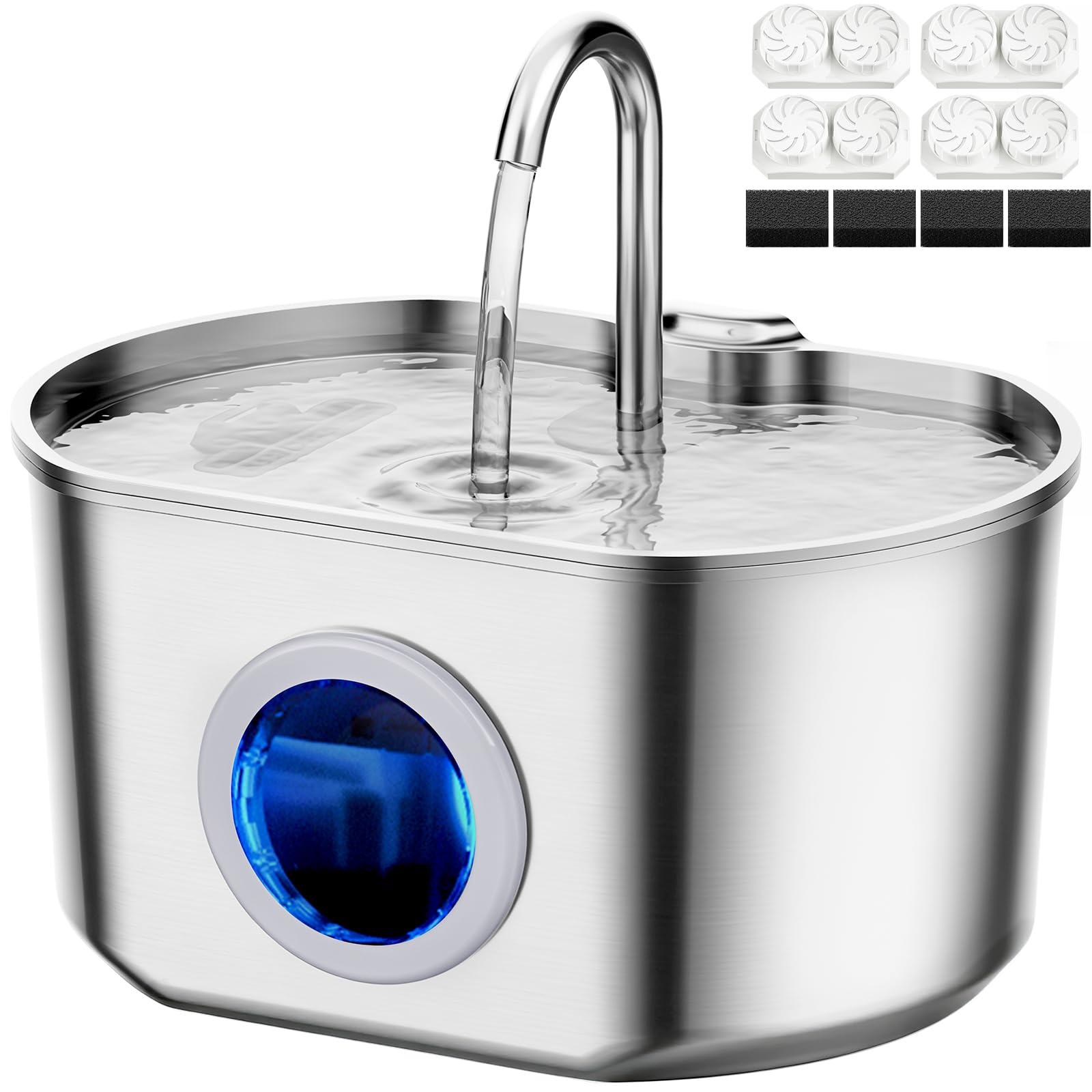 Cat Water Fountain Stainless Steel: 108oz/3.2L Cat Fountain for Drinking- Pet Water Fountain for Cats Inside - Automatic Cat Water Dispenser Bowl - Cat Feeding & Watering Supplies - Water Level Window