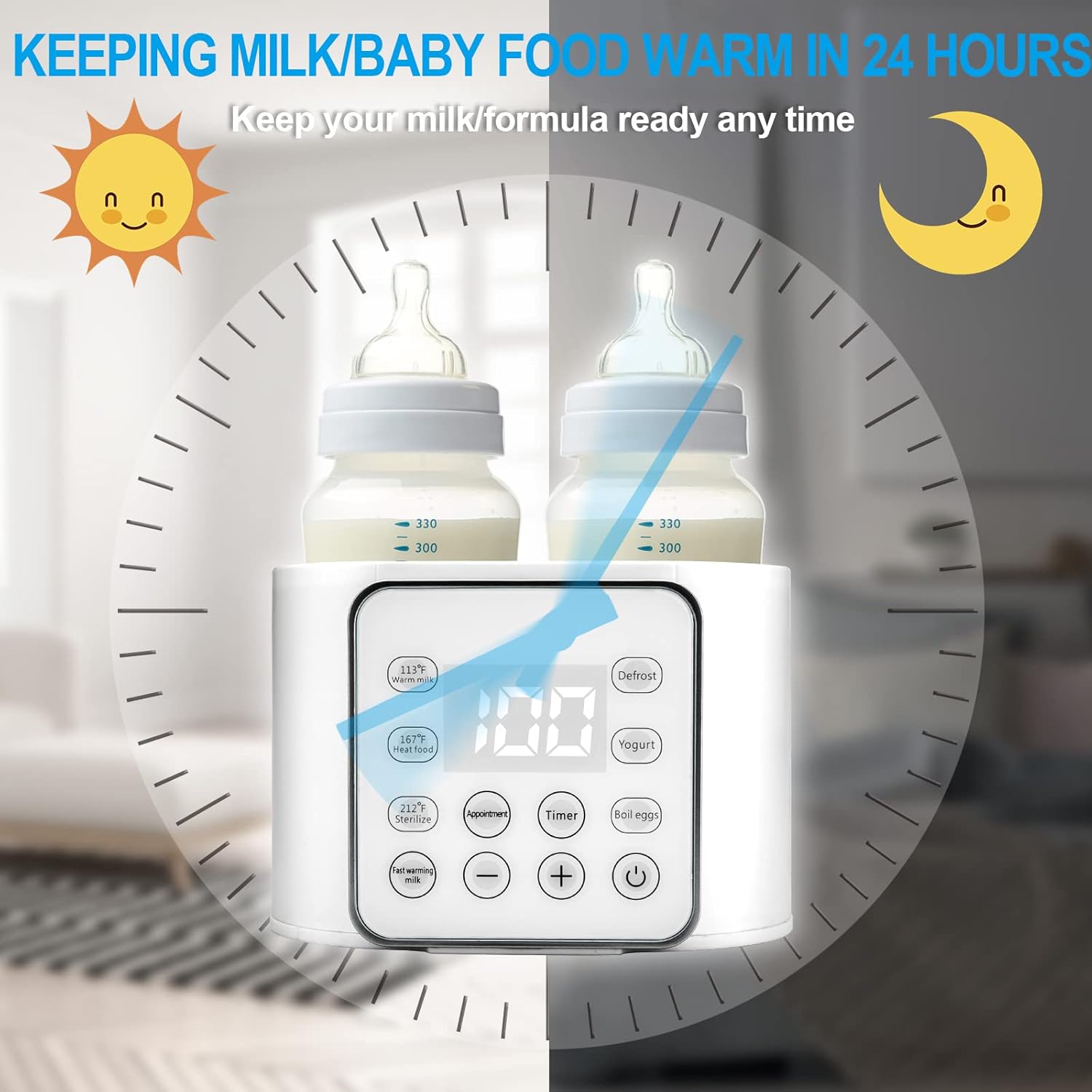 Baby Bottle Warmer 9-in-1 Multifuntion Breast Milk Warmer, Fast Baby Food Heater and Defrost Warmer with Timer for Twins, LCD Display Accurate Temperature Adjustment, 24H Constant Mode