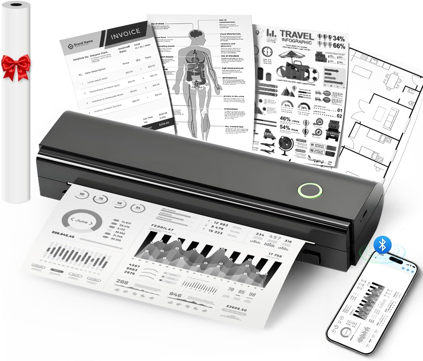 Portable Printers Wireless for Travel, N80 Wireless Thermal Printer Bluetooth Inkless Printer Support 8.5" X 11" US Letter & A4 Size, Compatible with iOS, Android, Laptop for Office, Home, Car, Black
