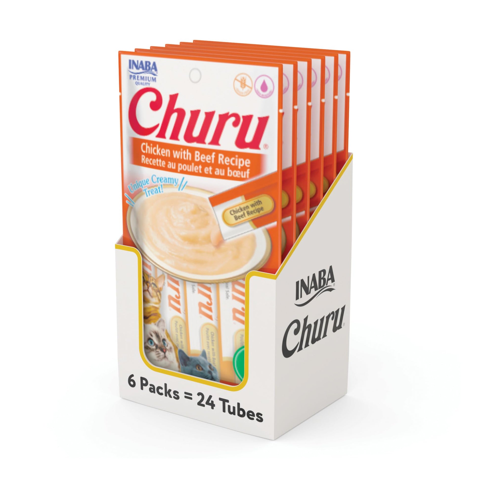 INABA Churu Cat Treats, Grain-Free, Lickable, Squeezable Creamy Purée Cat Treat/Topper with Vitamin E & Taurine, 0.5 Ounces Each Tube, 50 Tubes, Tuna & Chicken Variety