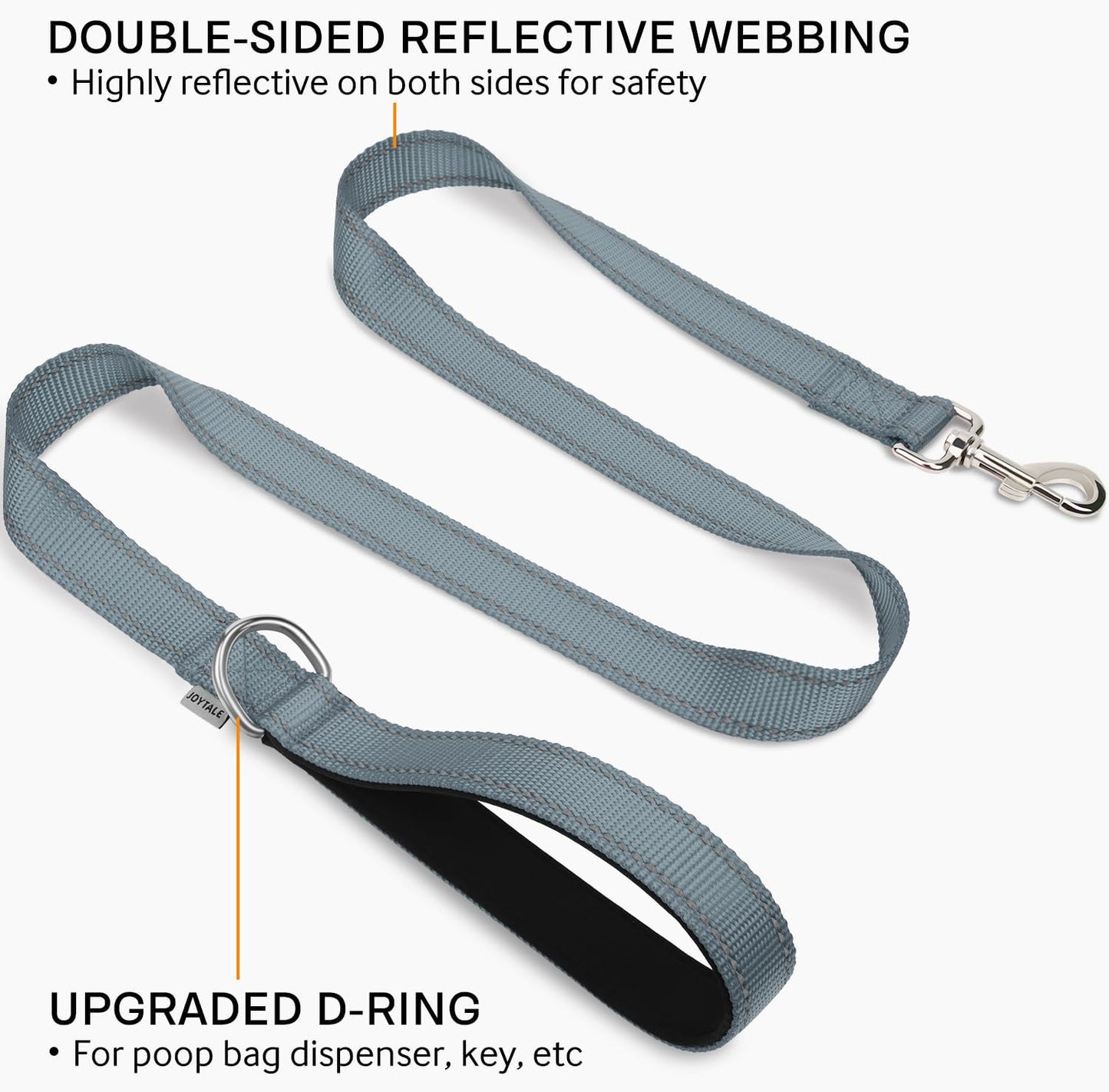 Joytale Double-Sided Reflective Dog Leash, 6 FT/5 FT/4 FT, Padded Handle Nylon Heavy Duty Leashes for Medium & Large Dogs Walking, Gray, 5FT