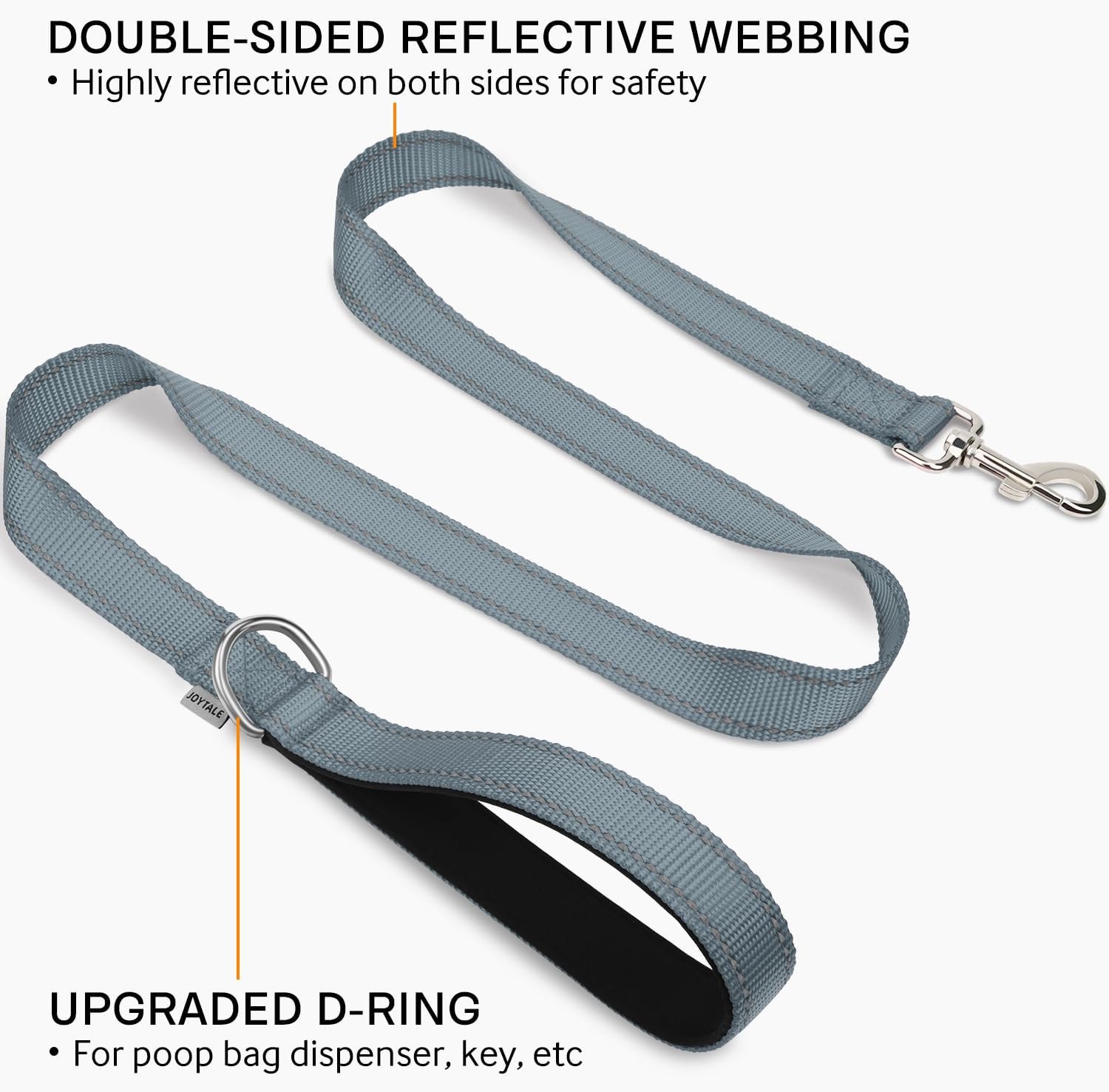 Joytale Double-Sided Reflective Dog Leash, 6 FT/5 FT/4 FT, Padded Handle Nylon Heavy Duty Leashes for Medium & Large Dogs Walking, Gray, 5FT