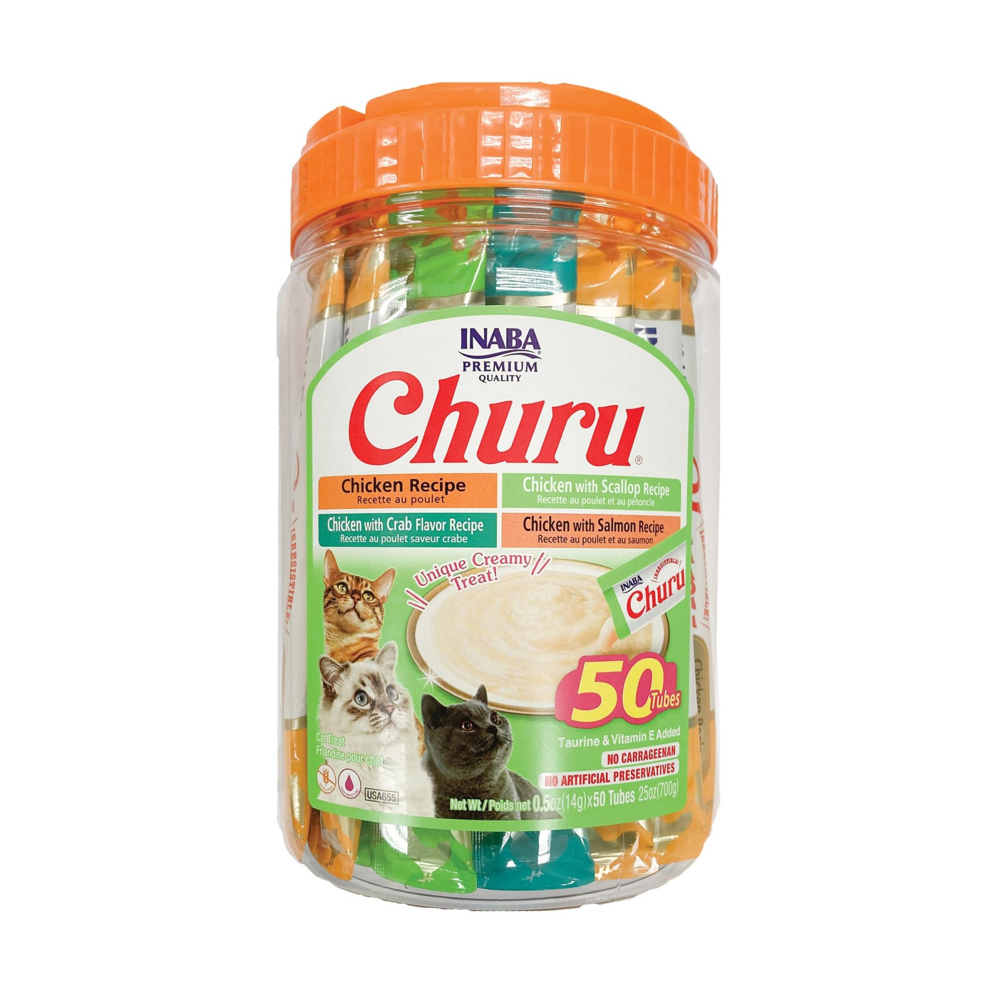 INABA Churu Cat Treats, Grain-Free, Lickable, Squeezable Creamy Purée Cat Treat/Topper with Vitamin E & Taurine, 0.5 Ounces Each Tube, 50 Tubes, Tuna & Chicken Variety