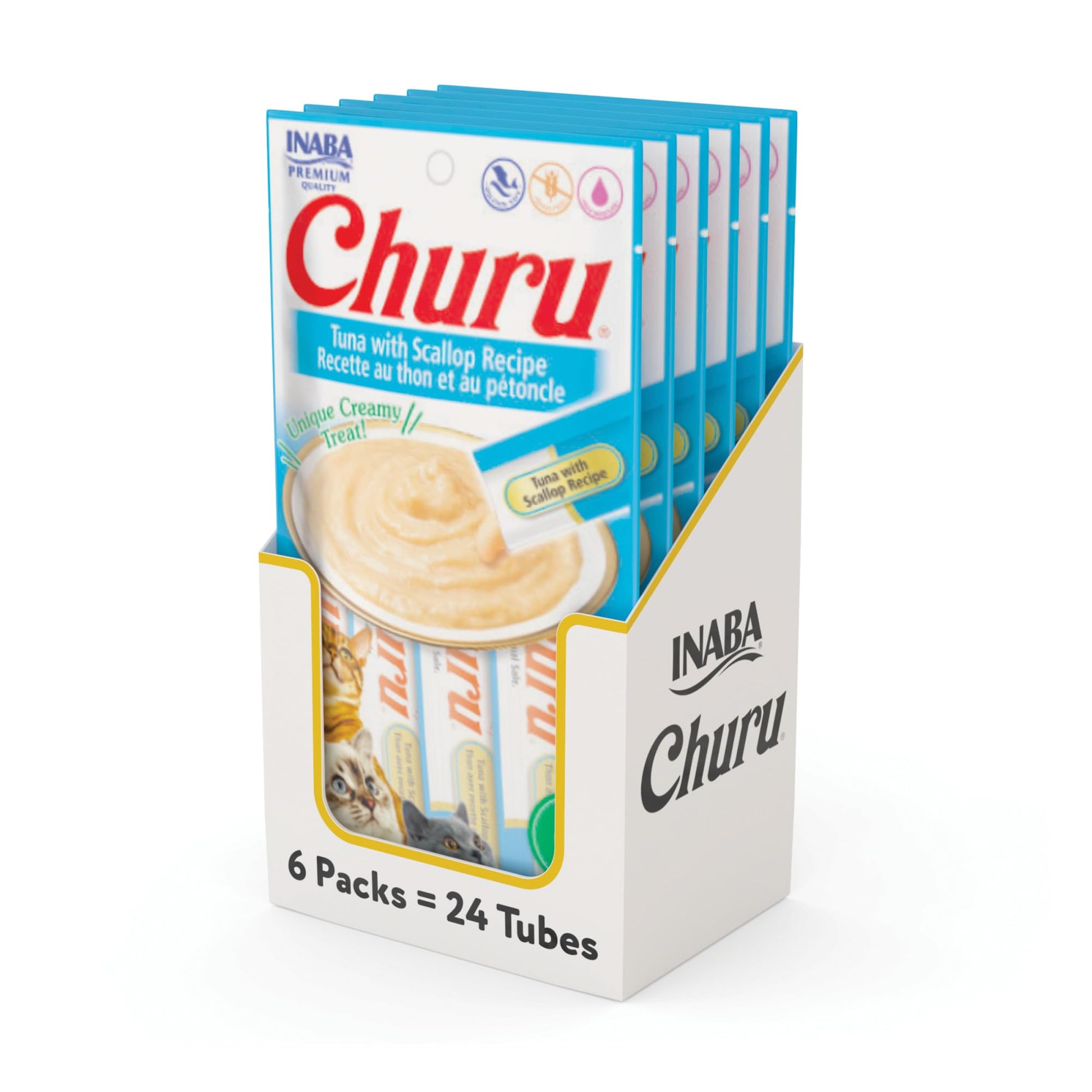 INABA Churu Cat Treats, Grain-Free, Lickable, Squeezable Creamy Purée Cat Treat/Topper with Vitamin E & Taurine, 0.5 Ounces Each Tube, 50 Tubes, Tuna & Chicken Variety